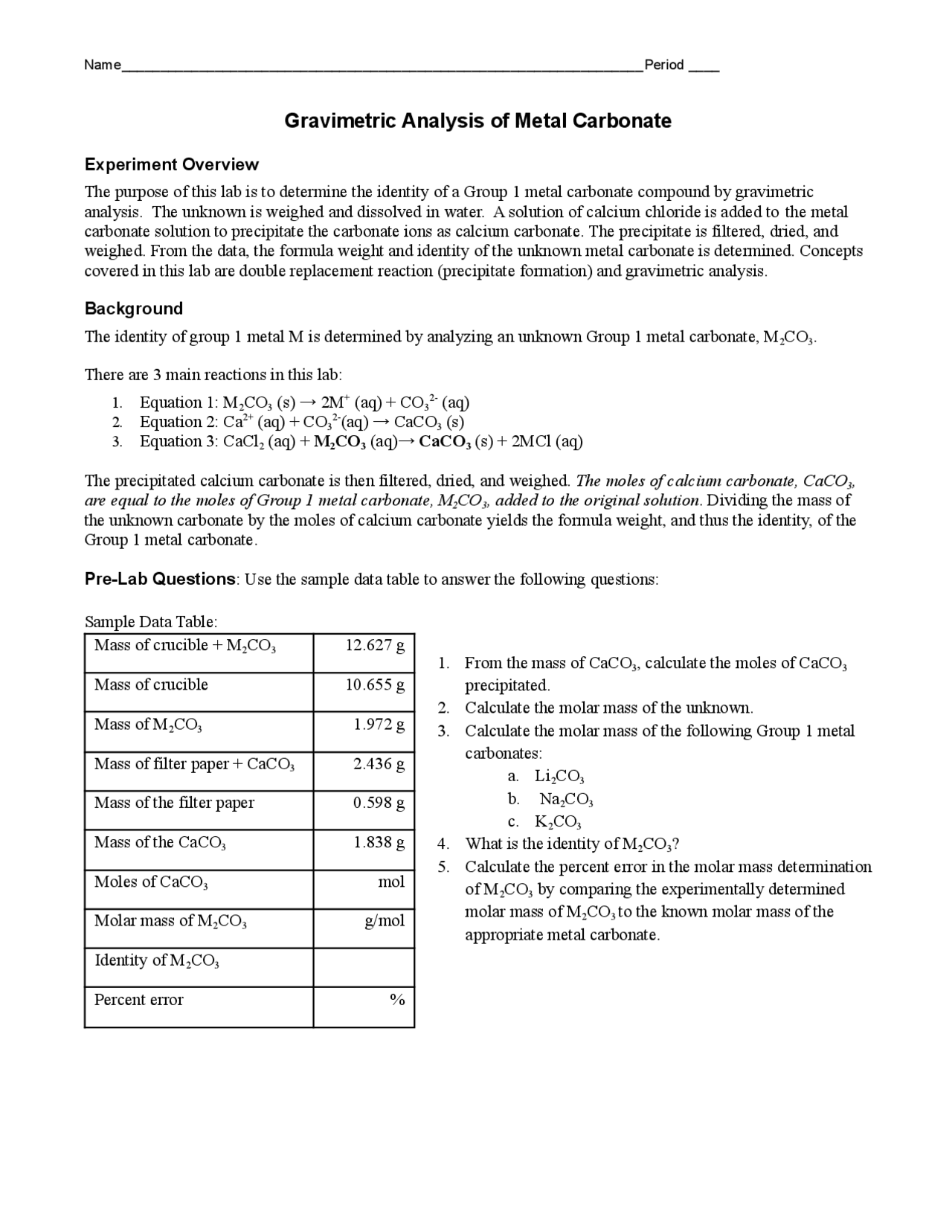 Gravimetric Analysis of Metal Carbonate lab answers | Lab Reports Chemistry | Docsity