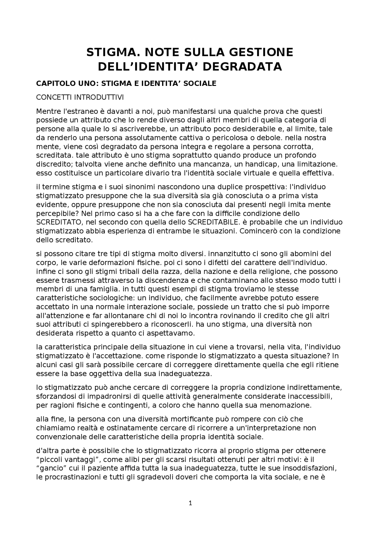 Riassunto Stigma. Note sulla gestione dell'Identità degradata - Docsity