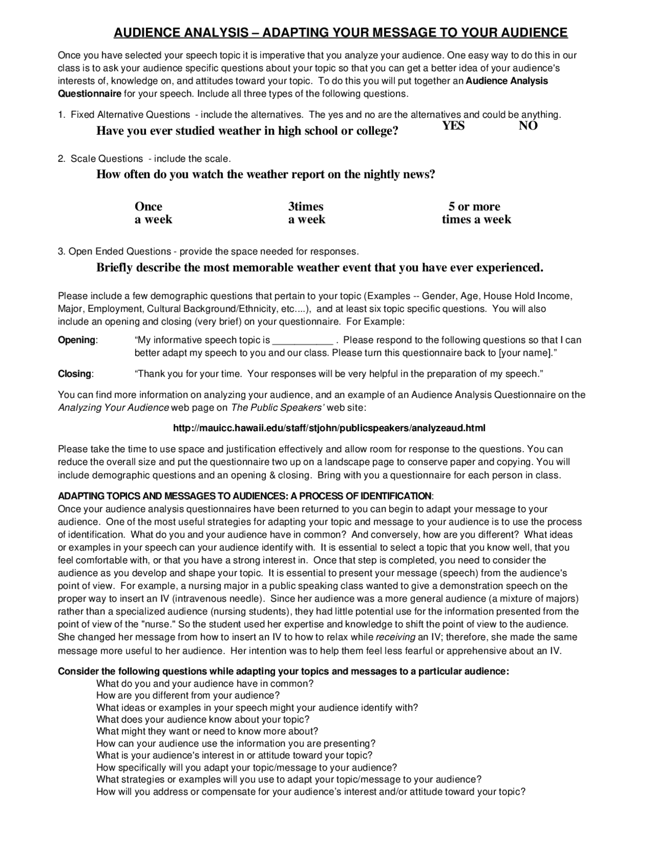 Audience Analysis Questions Paper Example Audience Analysis Questionnaire - Docsity
