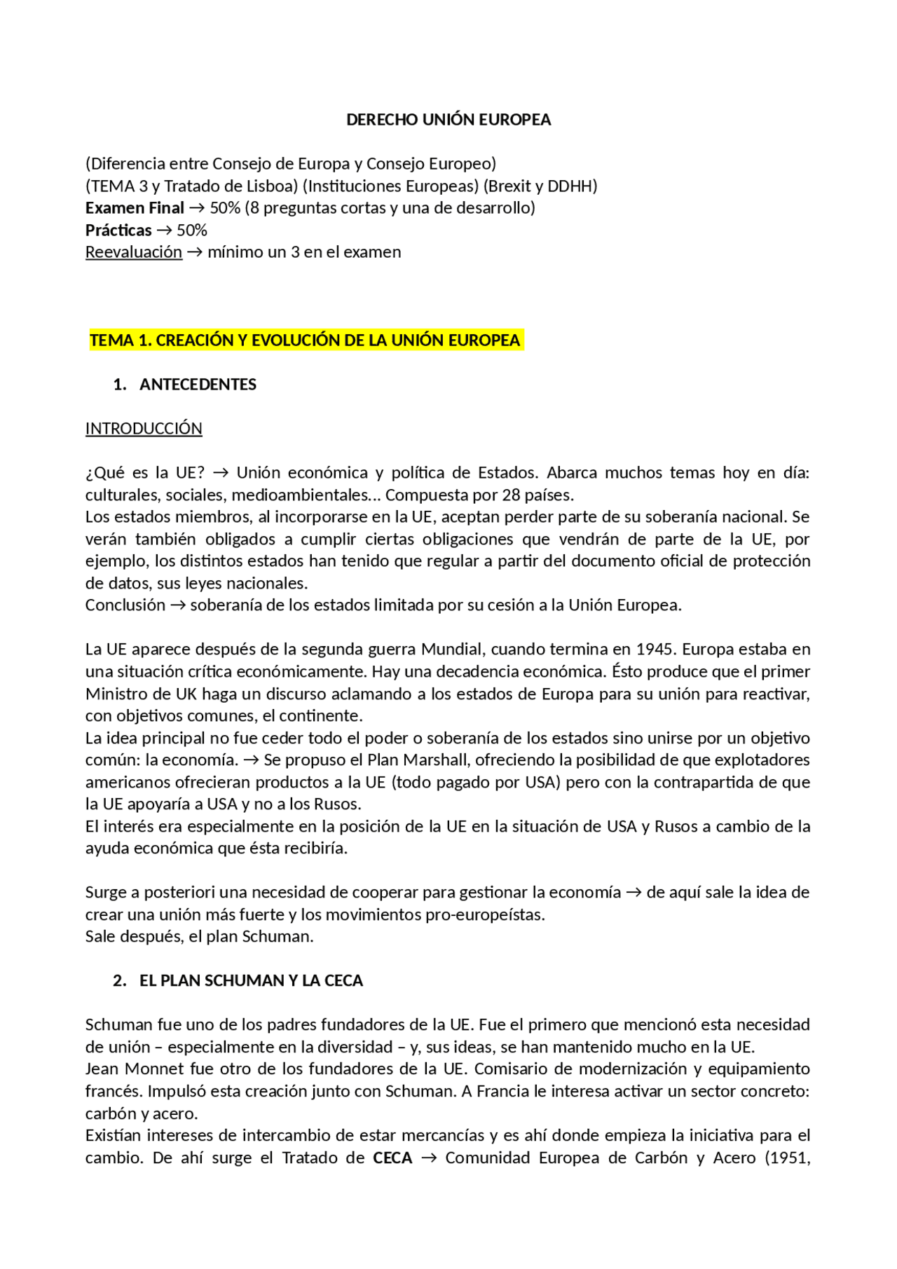 Derecho de la Unión Europea - Docsity