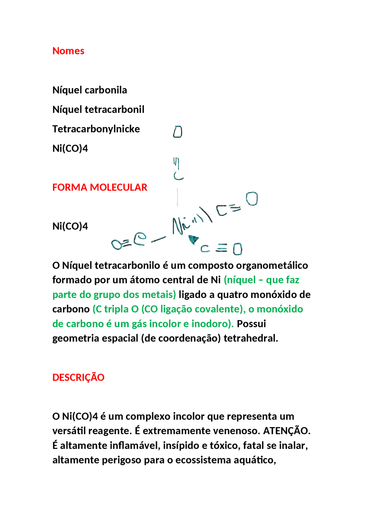 Nico4 Níquel tetracarbonilico Ni(CO)4 | Resumos Química | Docsity