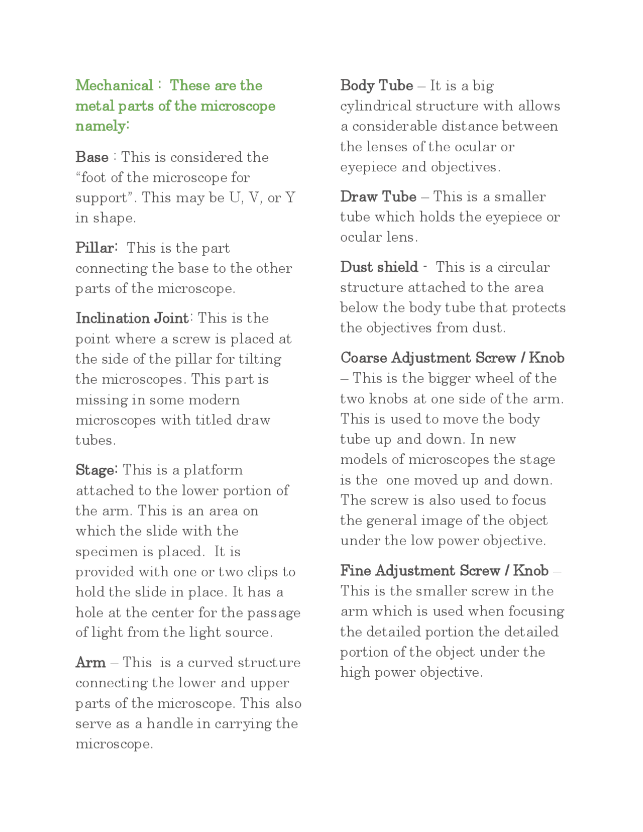 Parts of a Microscope | Lecture notes Zoology | Docsity