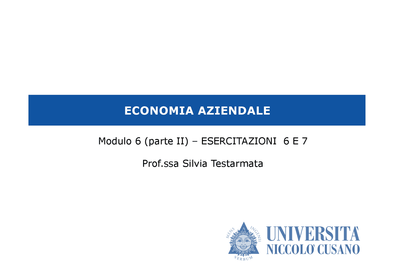 Esercizi di economia aziendale moduli 6-7 - Docsity