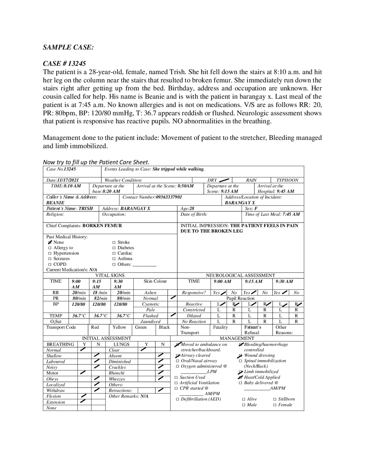 Patient Care Report on Sample Case - Docsity