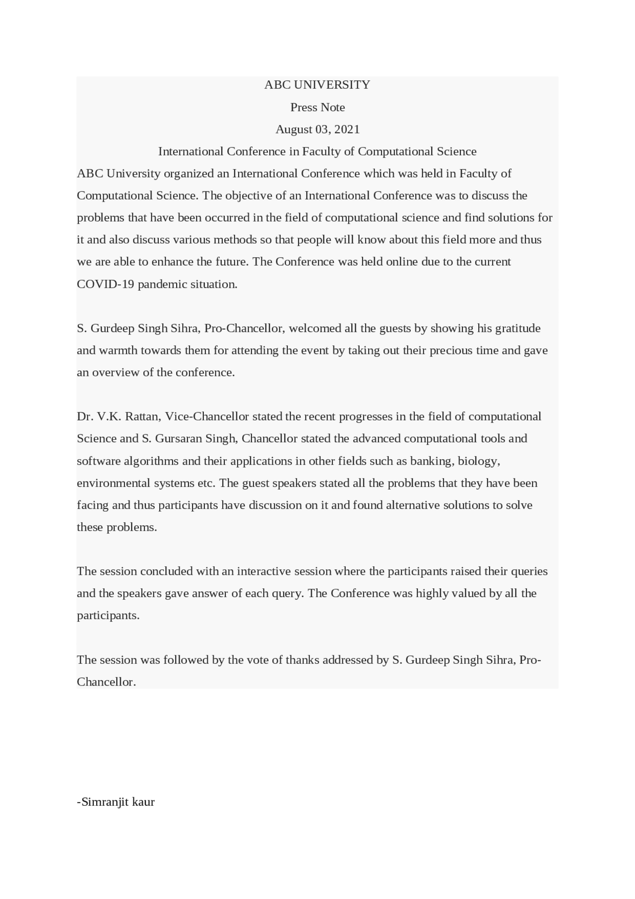 Press note sample questions - Docsity