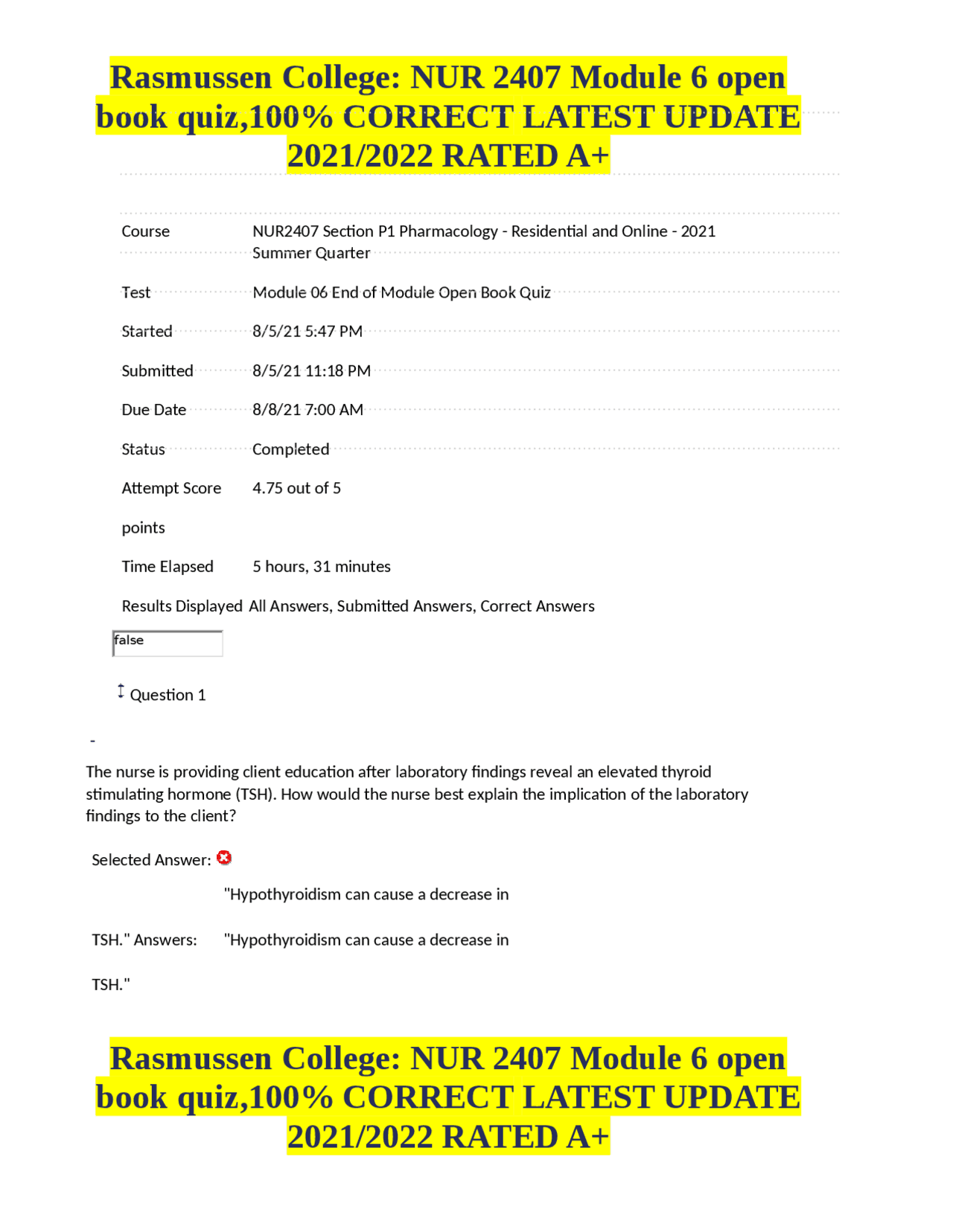Rasmussen College: NUR 2407 Module 6 open book quiz,100% CORRECT LATEST ...