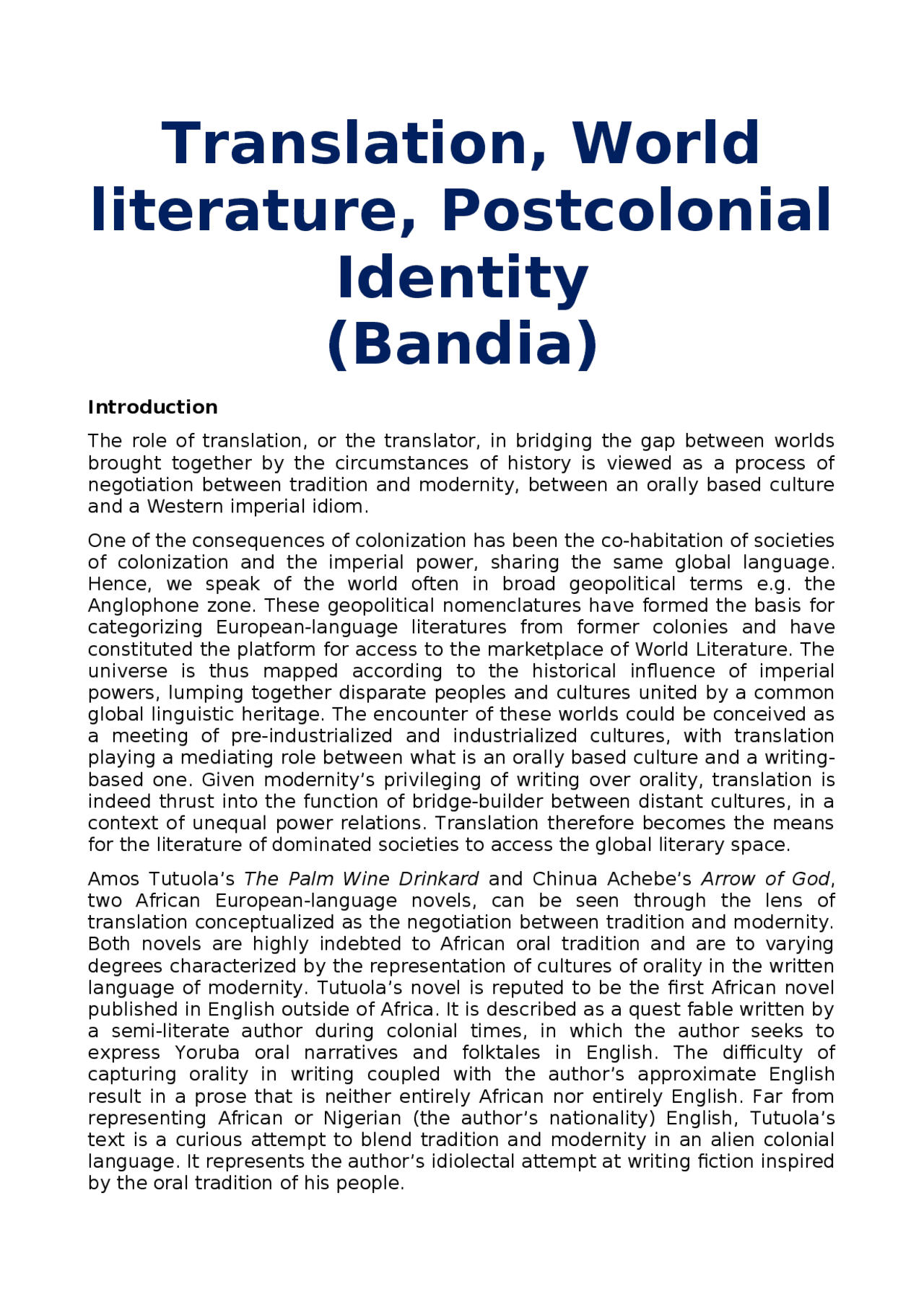Translation, World literature, Postcolonial Identity (Bandia) Docsity