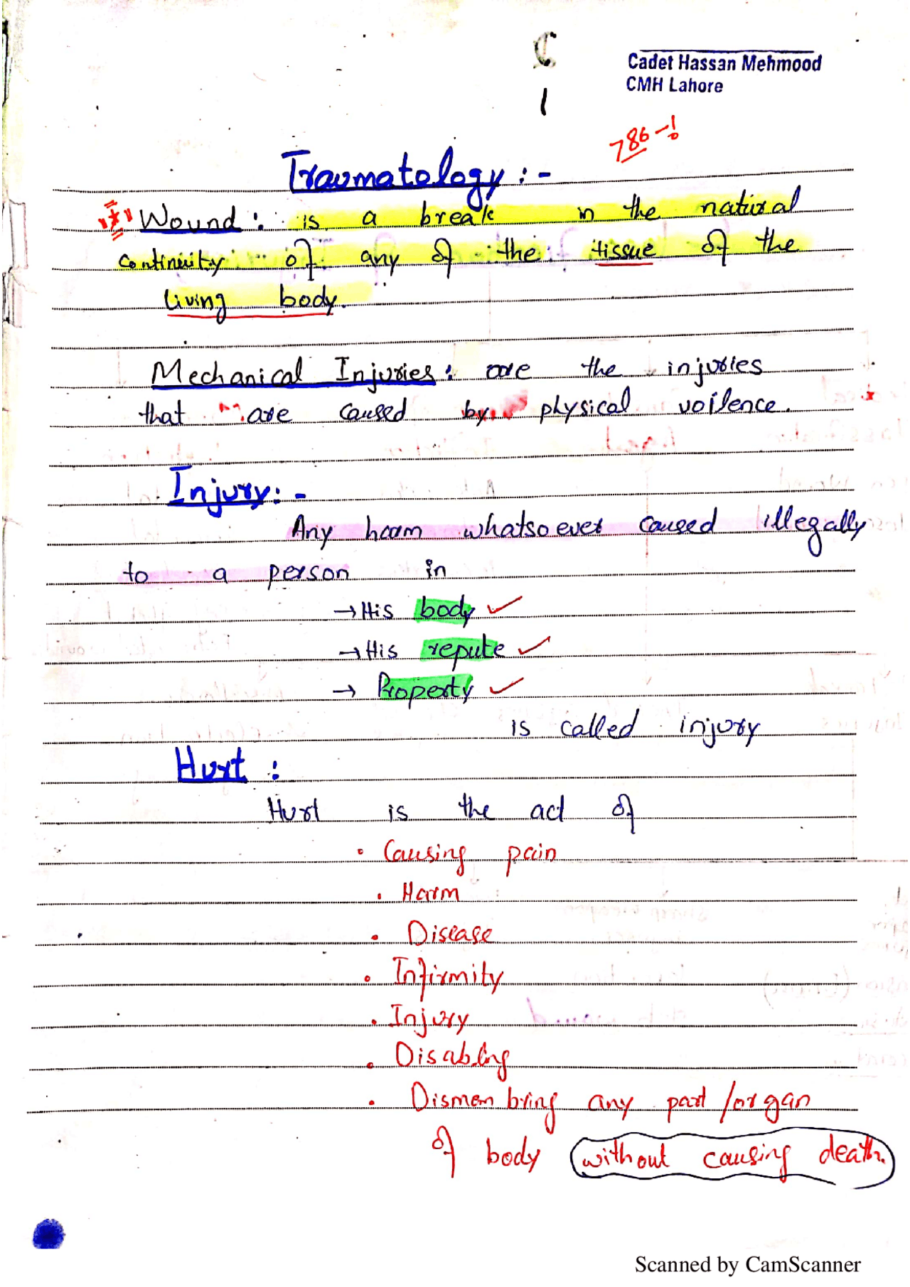 TRAUMATOLOGY, FORENSIC NOTES - Docsity