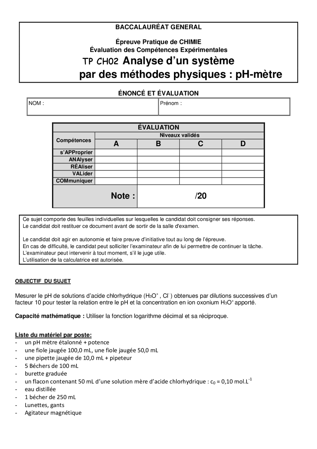 Analyse d’un système par des méthodes physiques: pH-mètre - Docsity