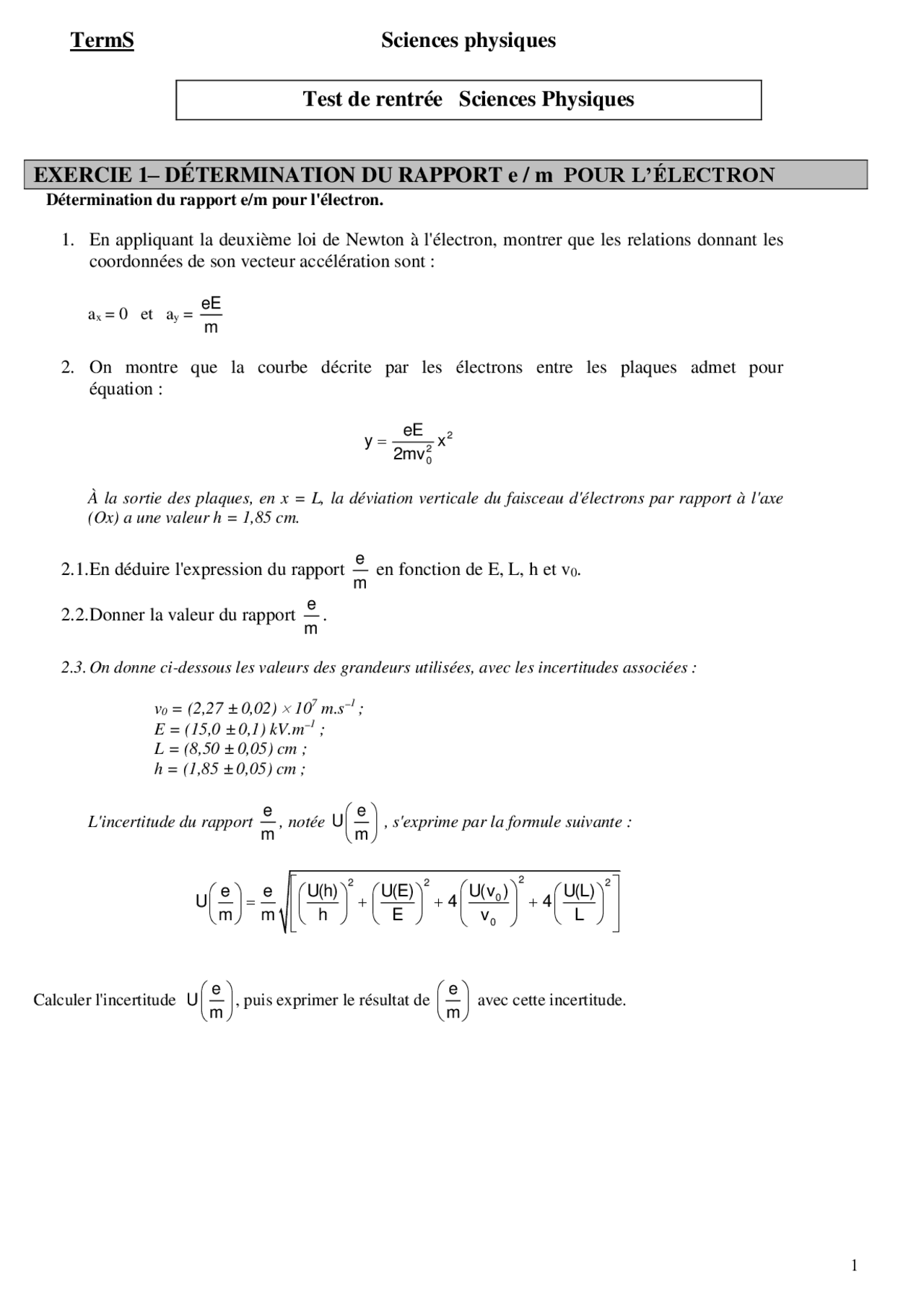 Test De Rentrée Sciences Physiques Docsity