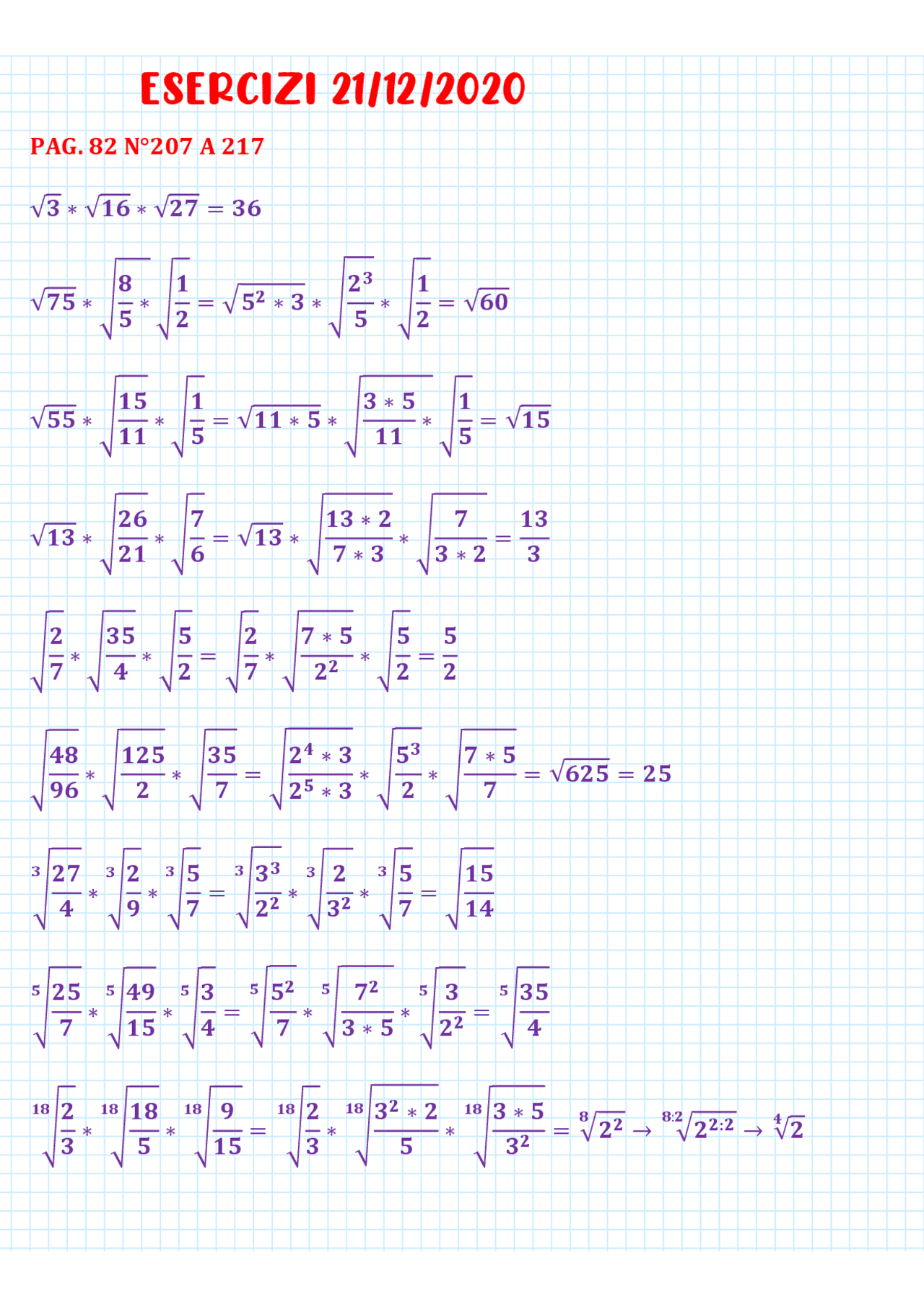 Radicali Esercizi sui radicali | Esercizi di Matematica - Docsity