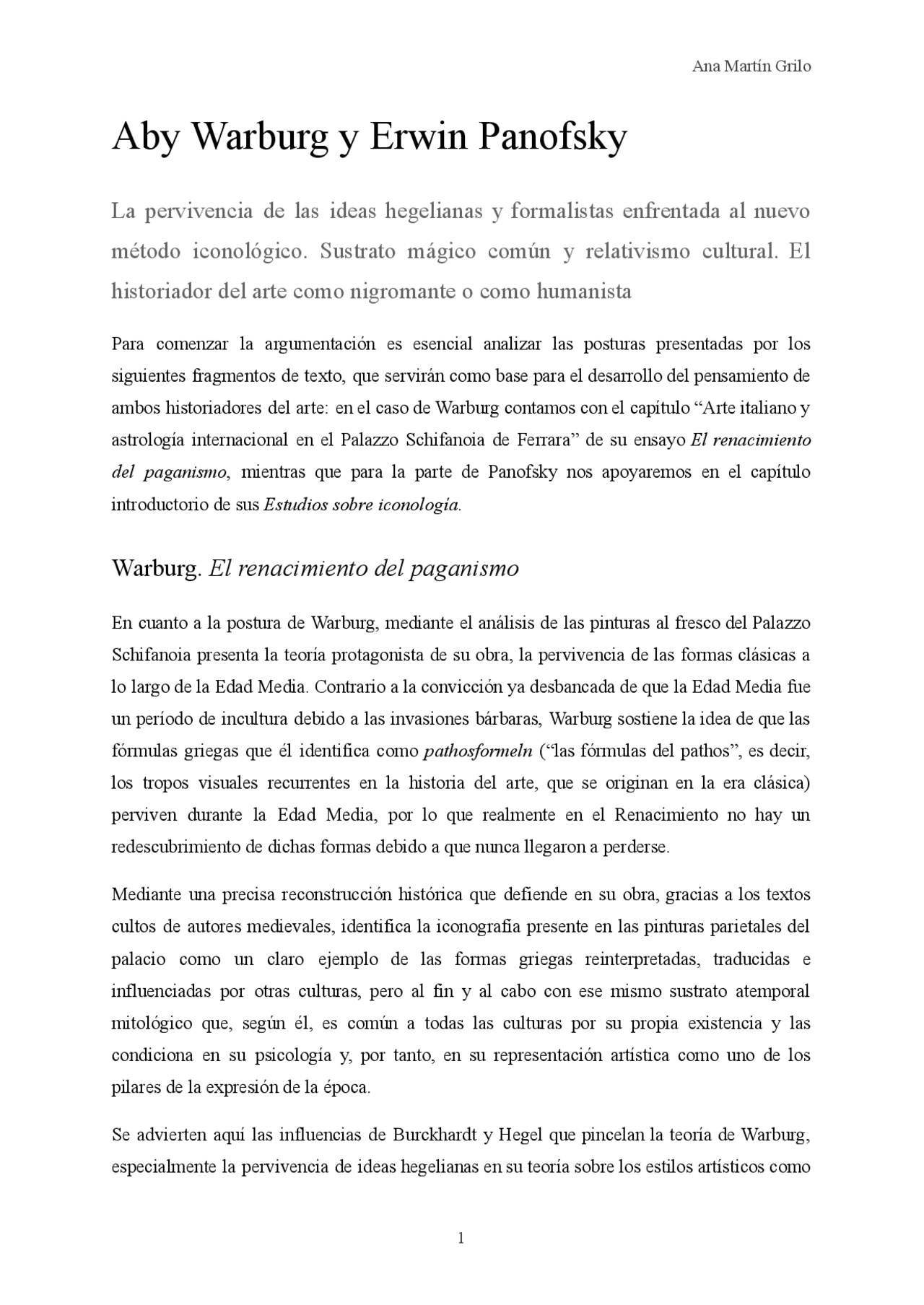 Posturas iconológicas Warburg y Panofsky Monografías, Ensayos de