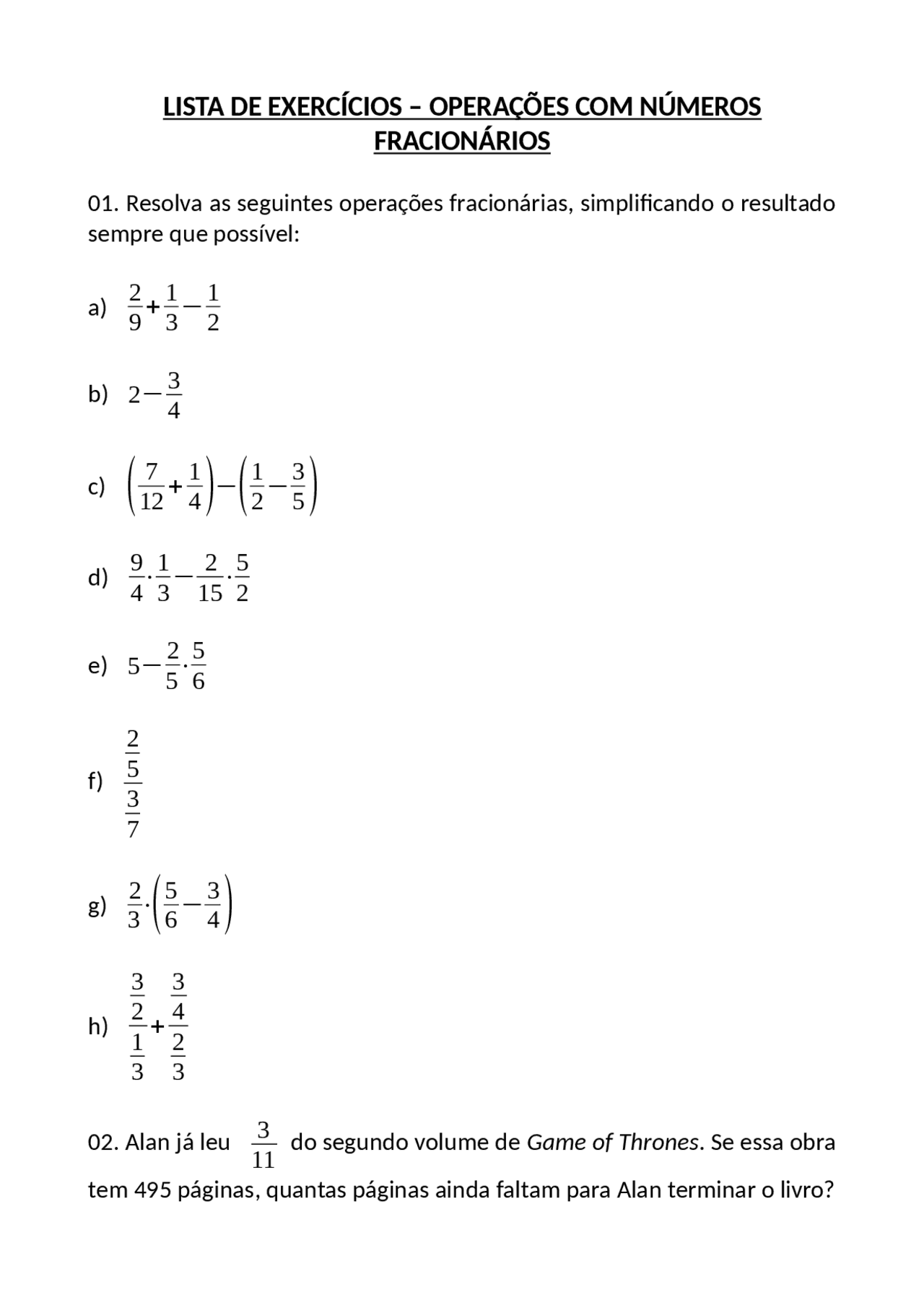 Exercícios sobre operações com frações | Exercícios Matemática | Docsity