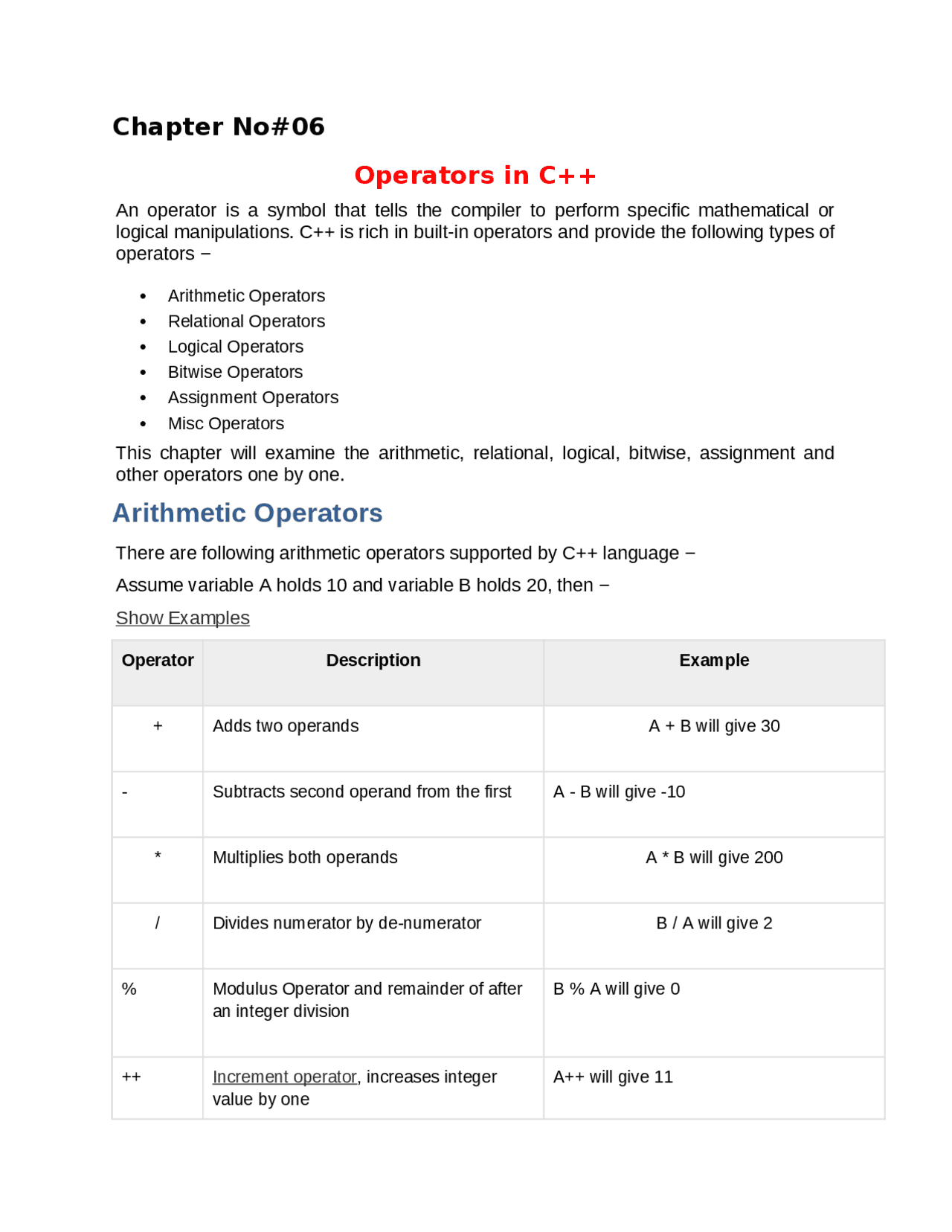 Operators in C++ with programms - Docsity