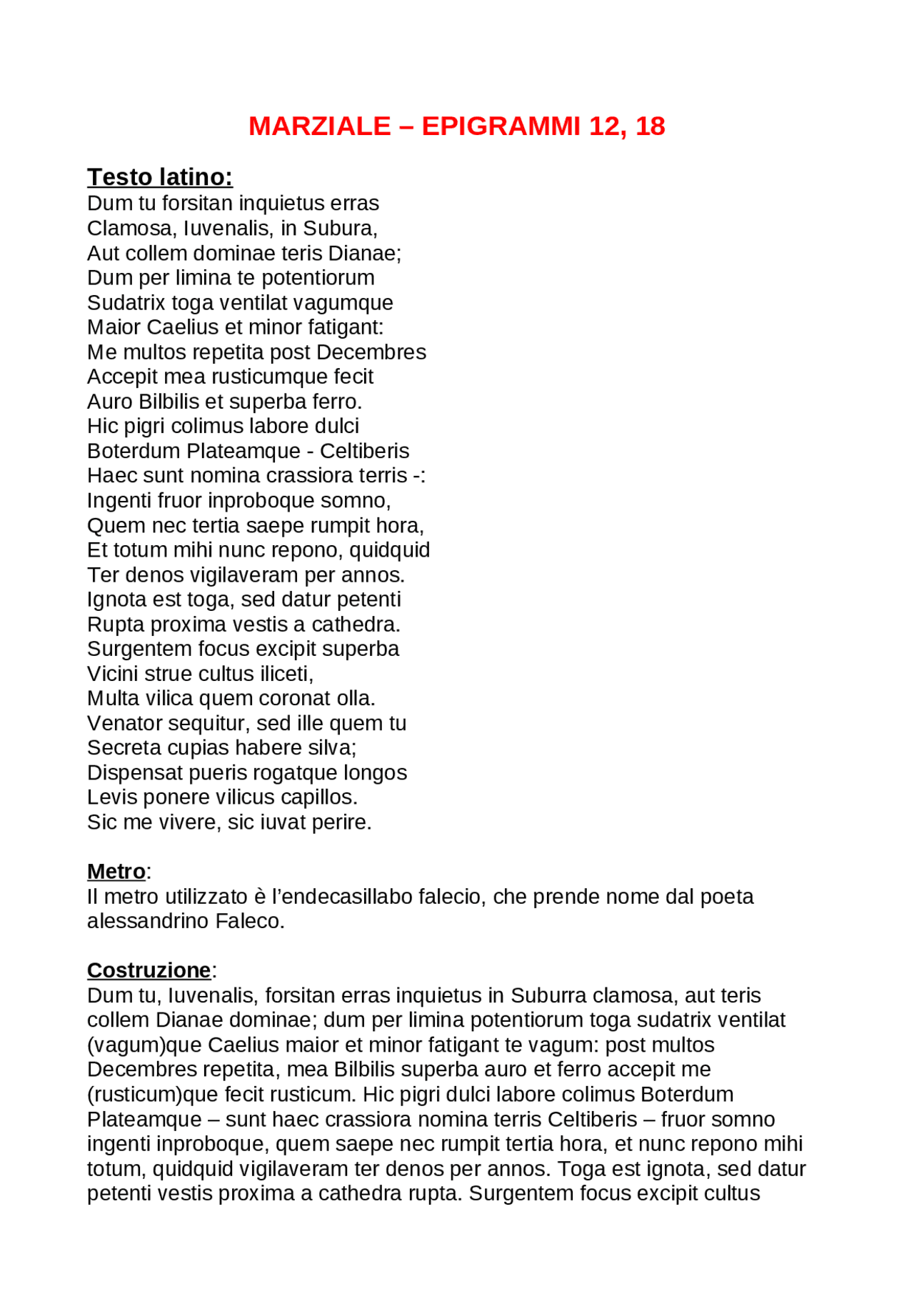 Marziale Epigrammi 12, 18 traduzione, costruzione, paradigmi Esercizi di Latino Docsity