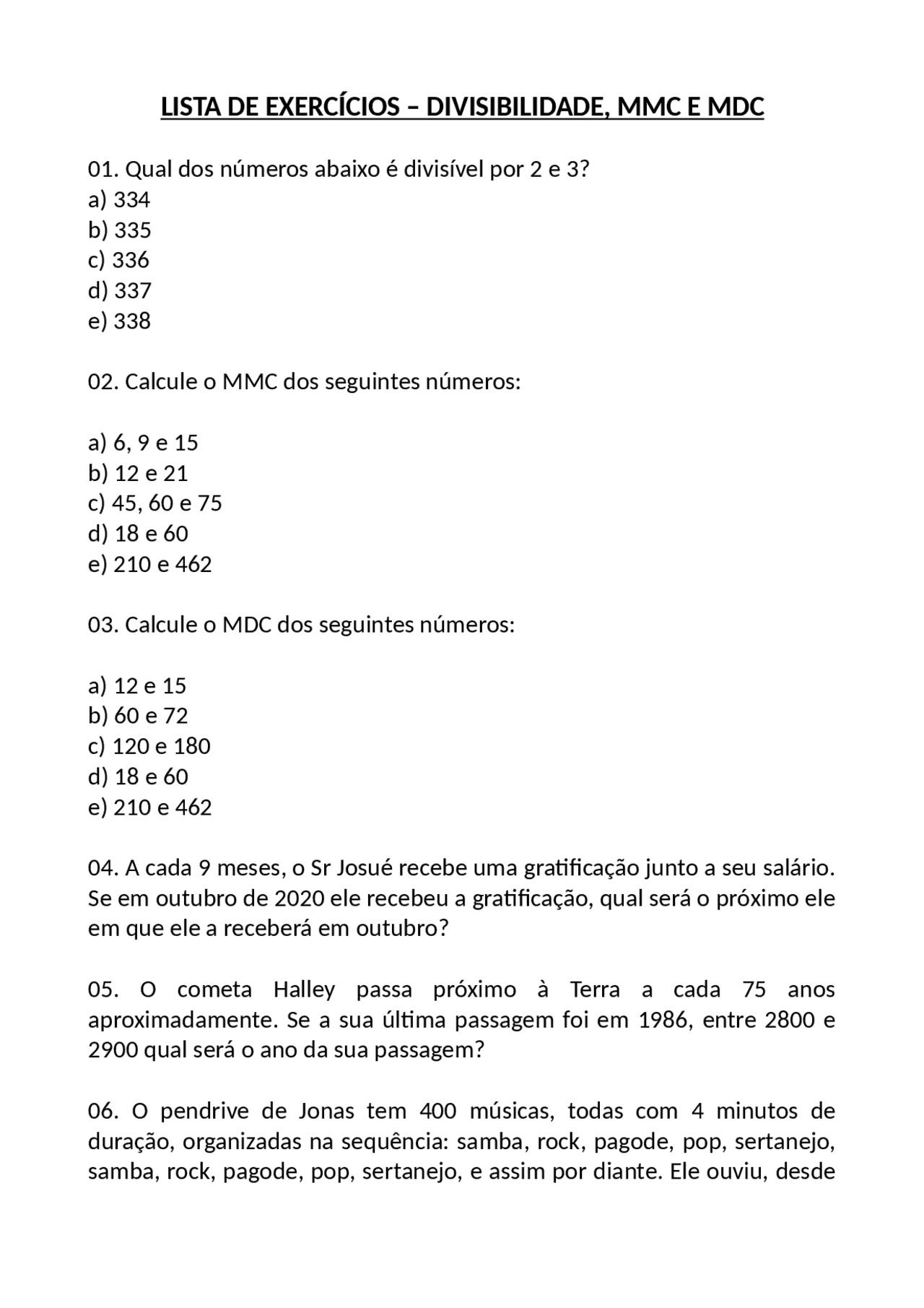 Exercícios sobre Divisibilidade, MMC e MDC | Exercícios Matemática ...