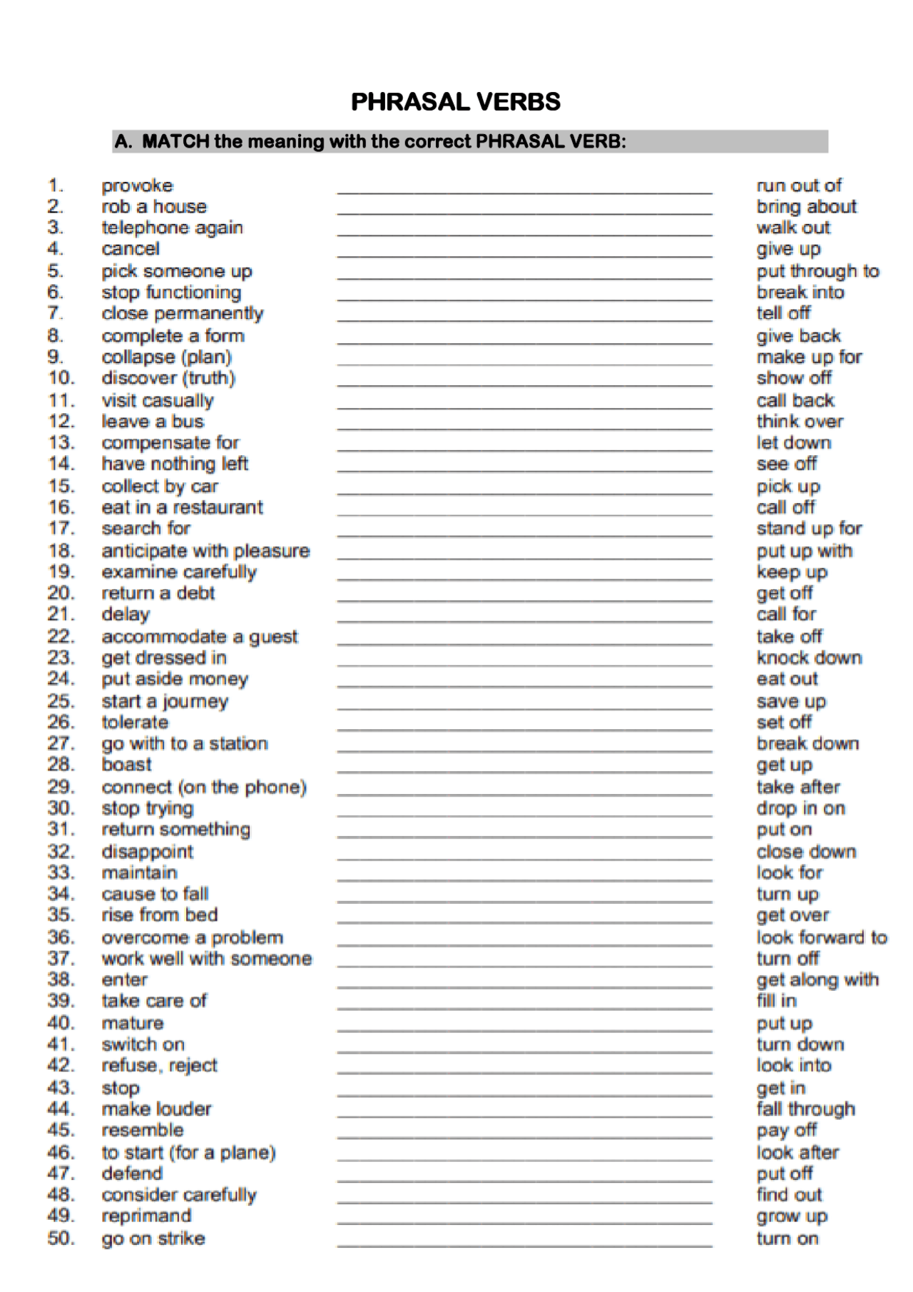 Phrasal Verbs Worksheet Ejercicios Idioma Inglés Docsity