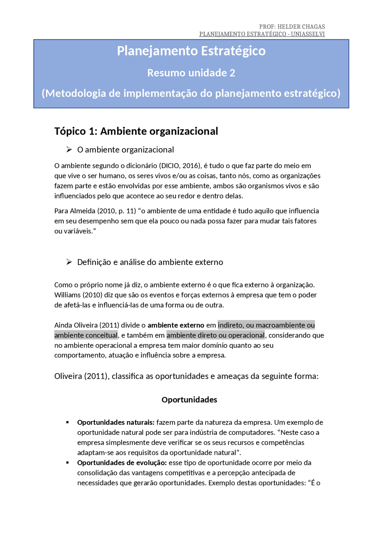 Resumo unidade 2, disciplina de planejamento estratégico - UNIASSELVI ...
