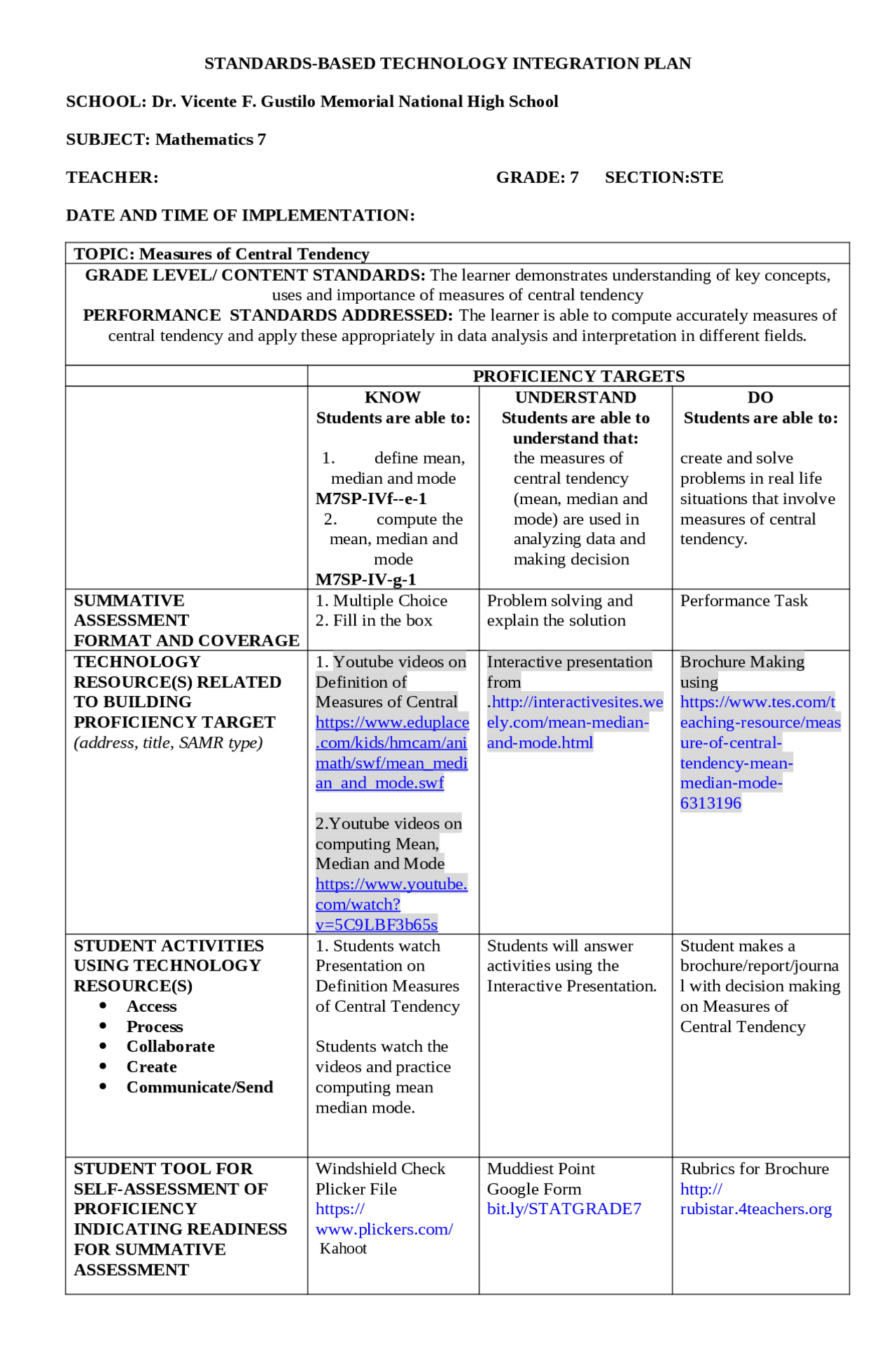Sample lesson plan for math - Docsity