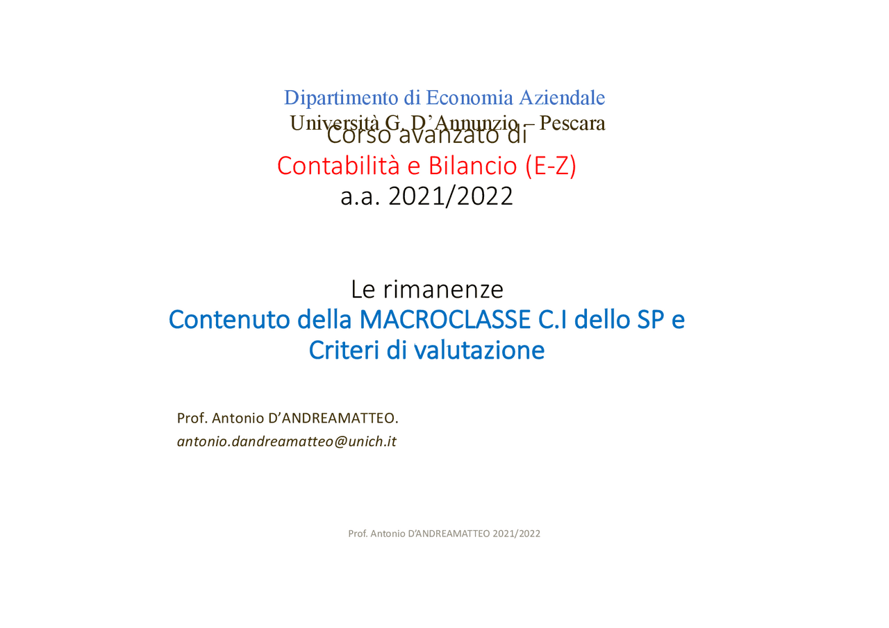 VALUTAZIONE DELLE RIMANENZE - Docsity