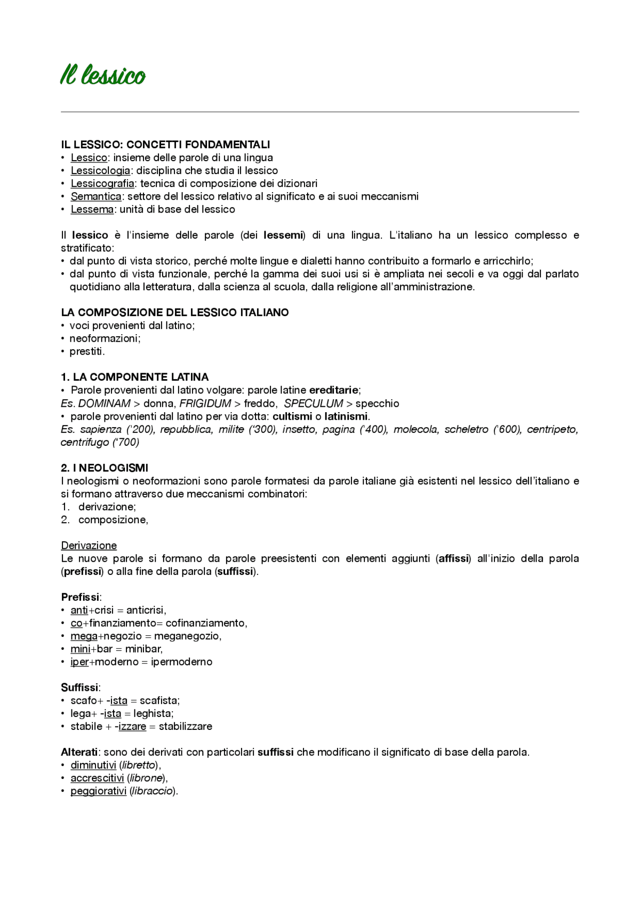 Il lessico italiano - Docsity