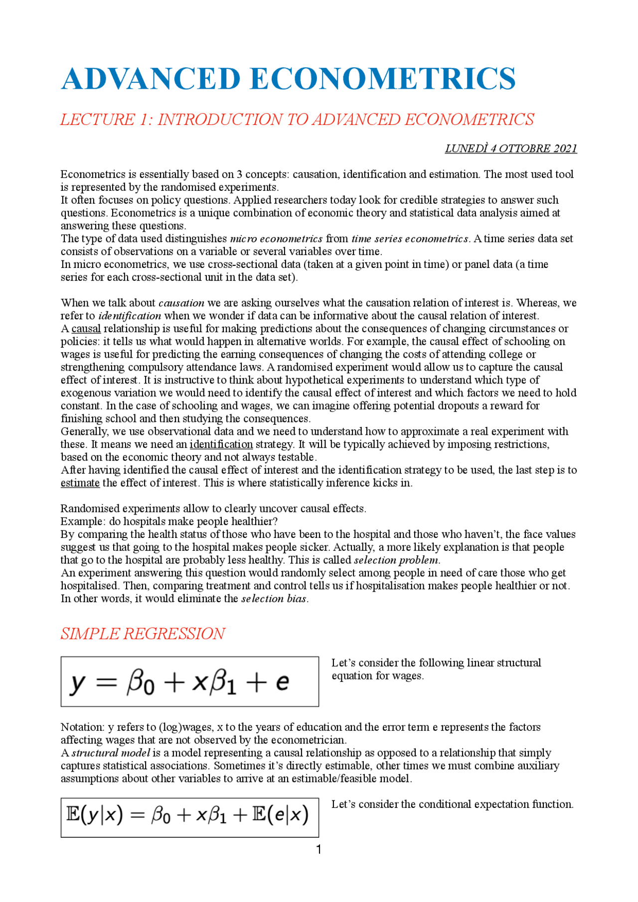 Econometrics: part 1 - Docsity