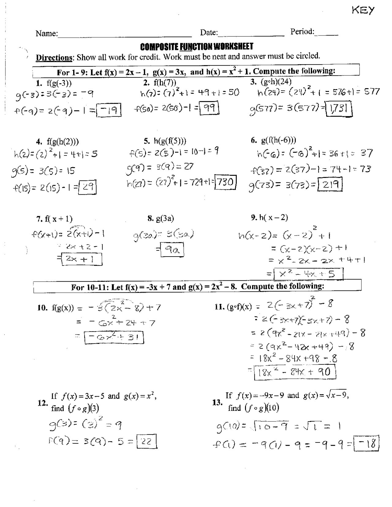 Composite Functions Worksheet with Answers | Exercises Algebra | Docsity