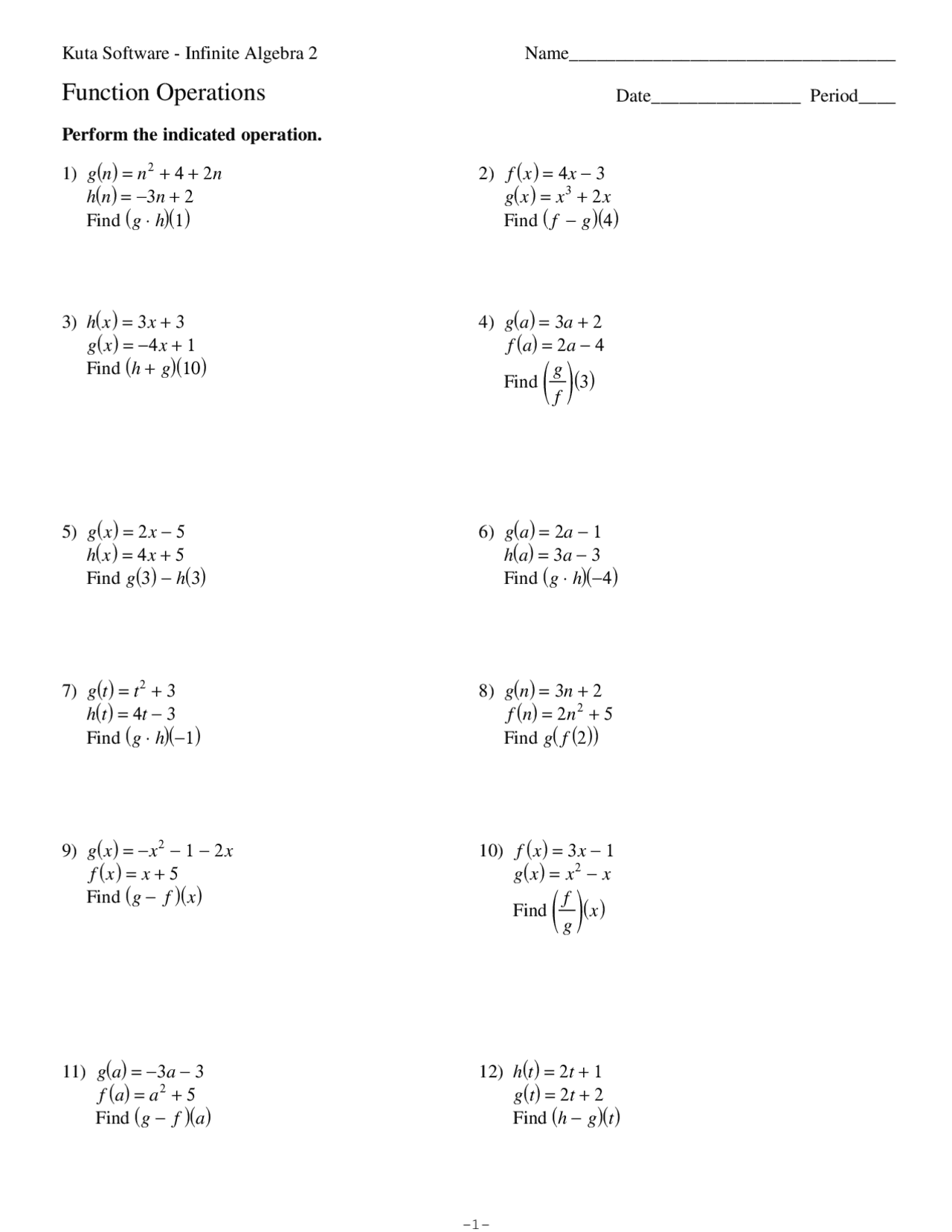 Function Operations Worksheet with Solutions | Exercises Mathematics |  Docsity