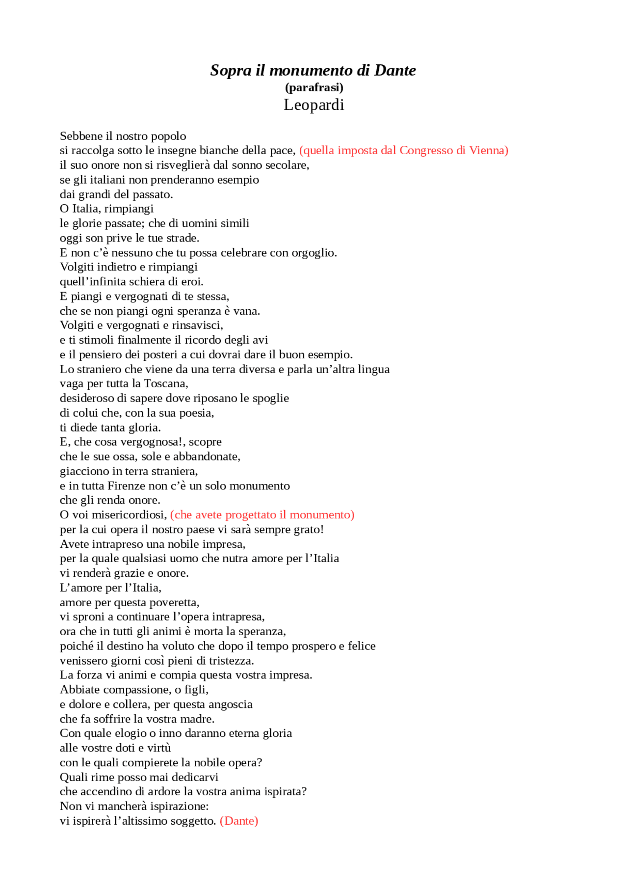 Sopra il monumento di Dante (parafrasi) Sintesi del corso di Letteratura Docsity Sopra il monumento di Dante (parafrasi) Sintesi del corso di Letteratura Docsity