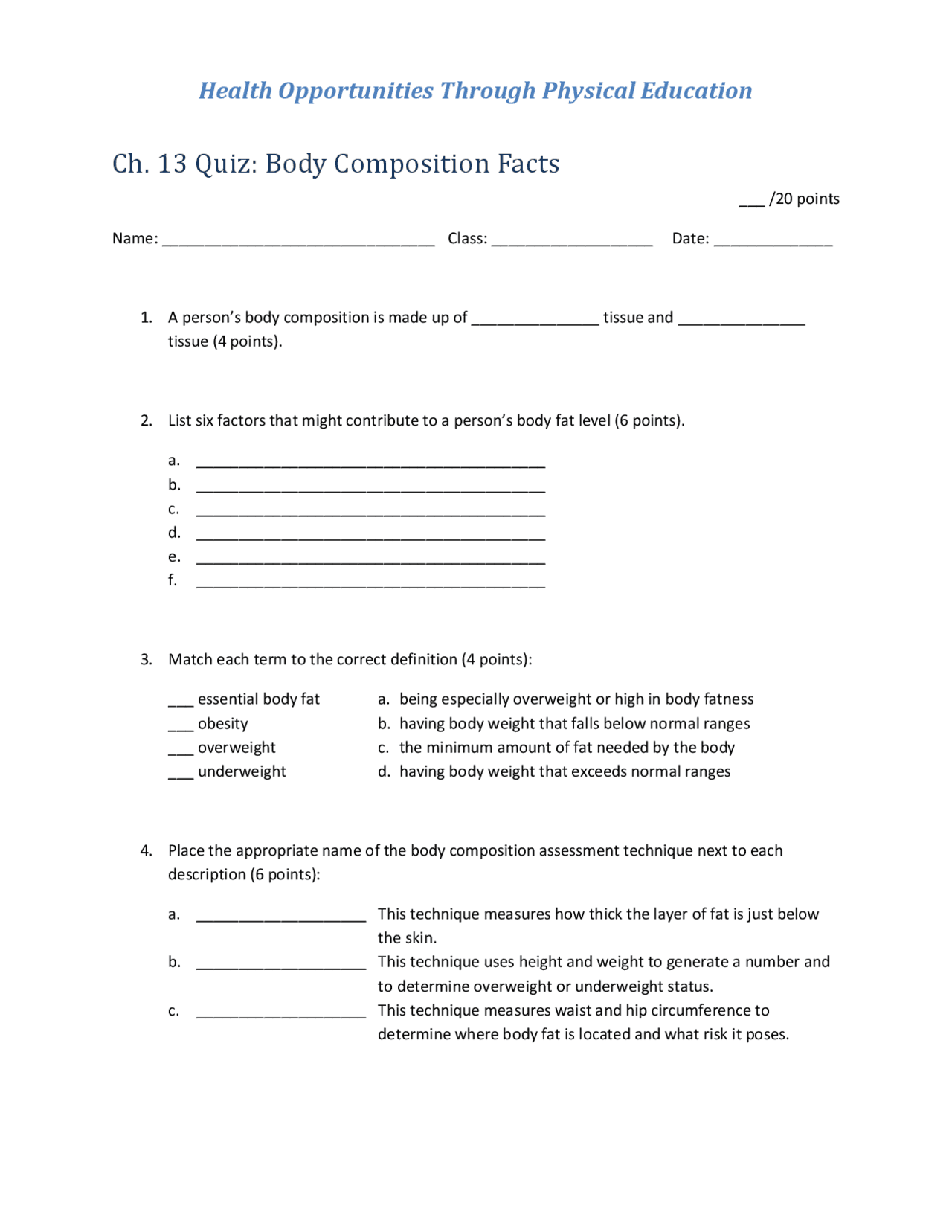 Body Composition Questions Quiz: Body Composition Facts - Docsity