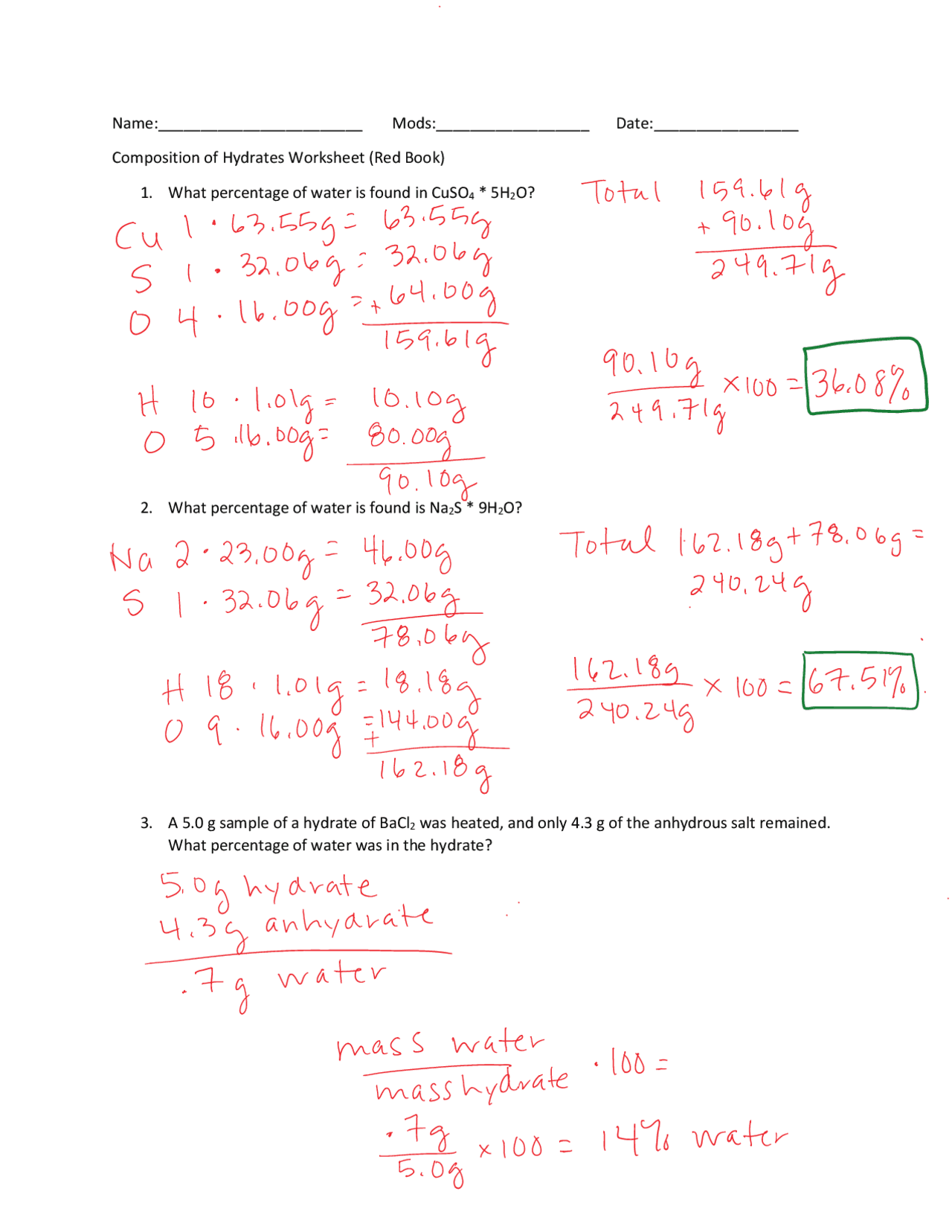 Composition of Hydrates Worksheet Red Book - Docsity