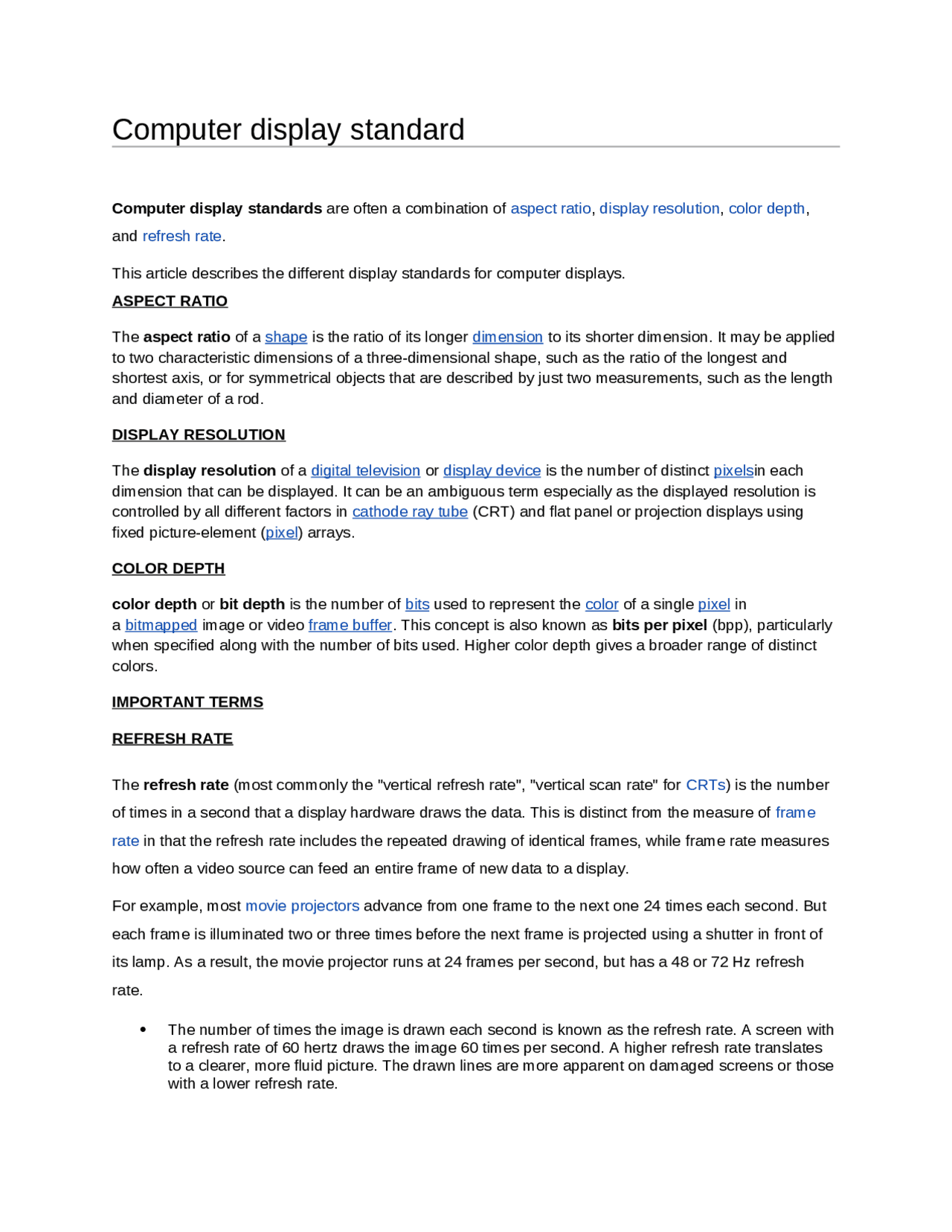 Computer Standarts Computer Display Standard | Summaries Computer Science | Docsity