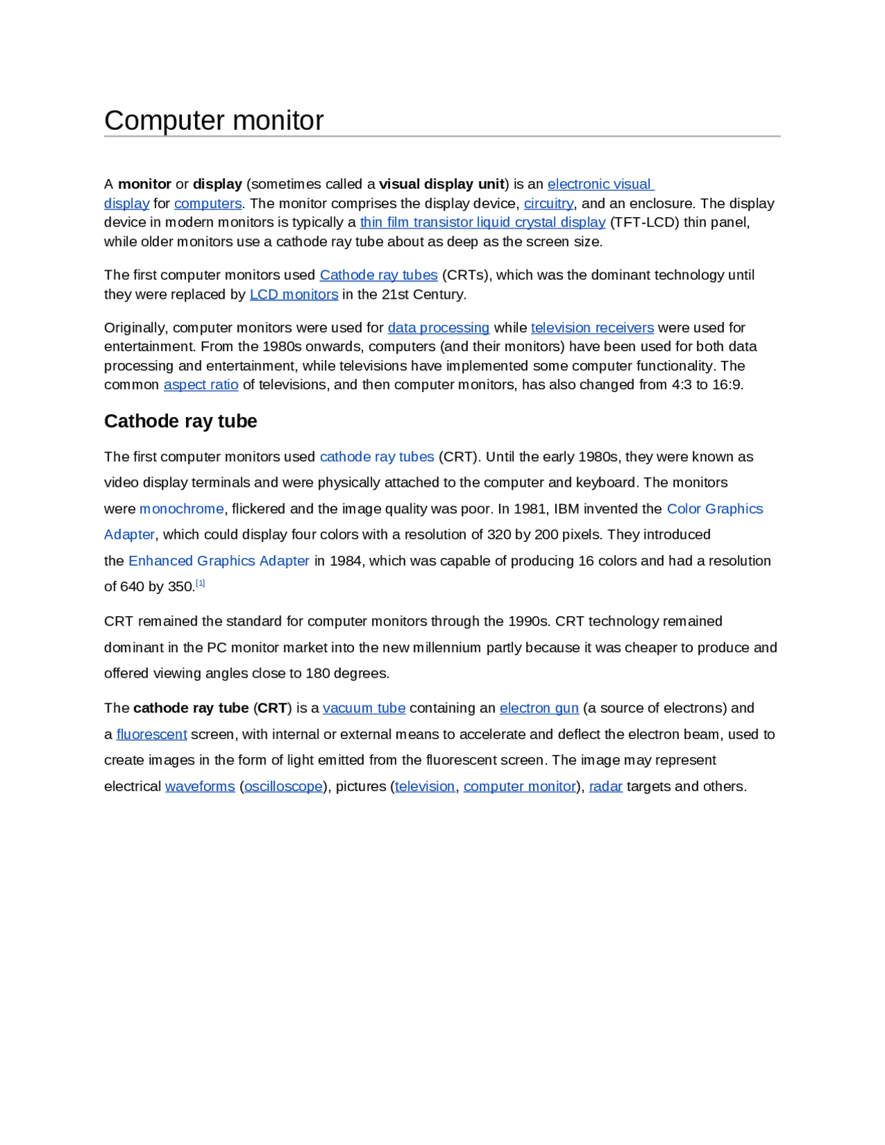 Computer monitor Description & its History - Docsity