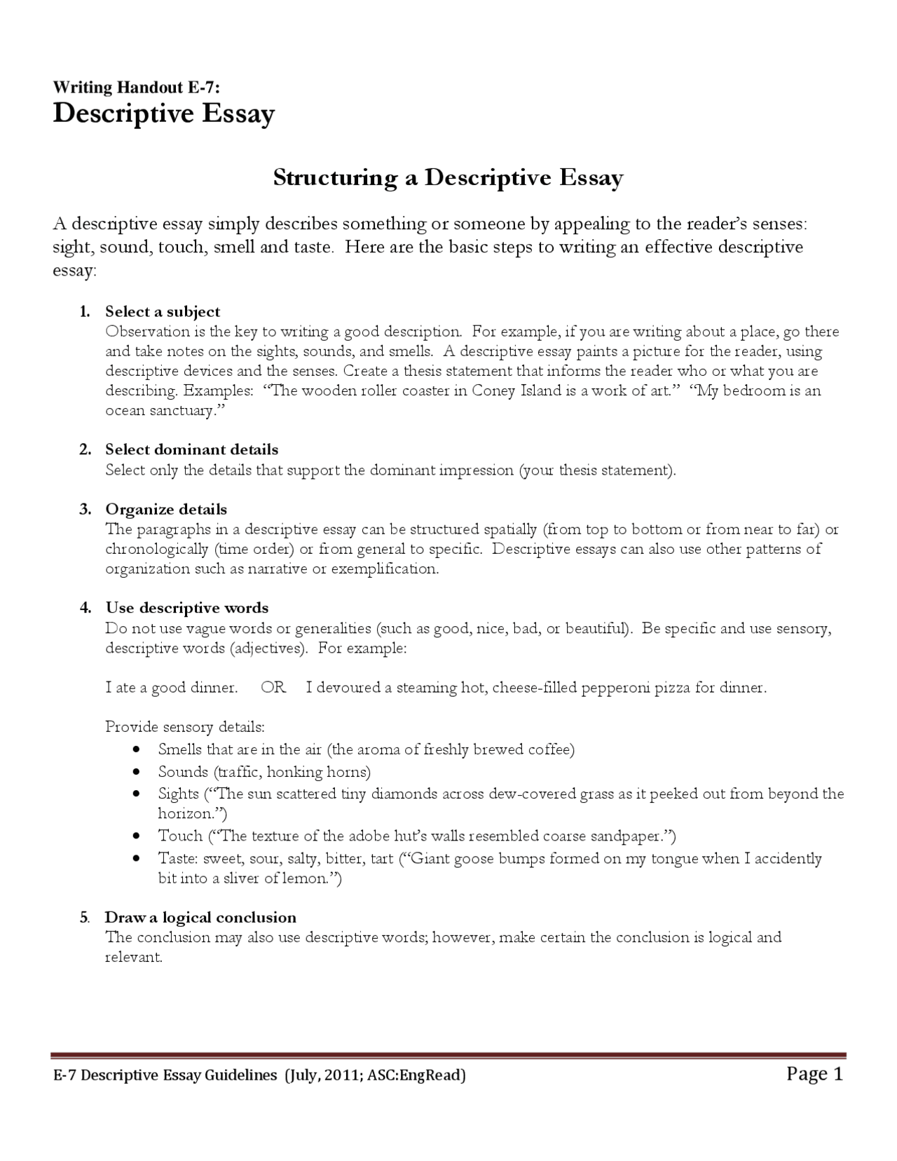 Structuring a Descriptive Essay - Docsity