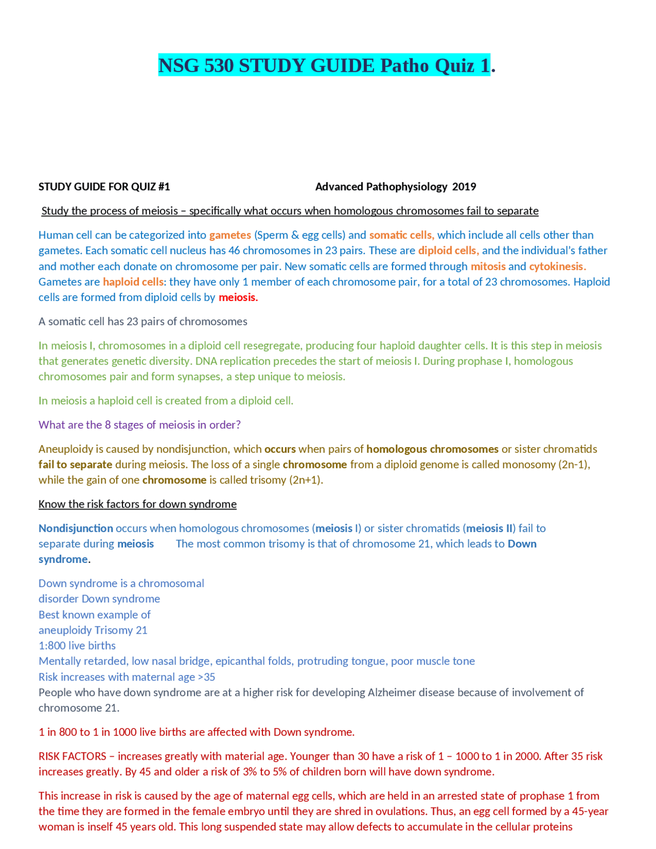 NSG 530 STUDY GUIDE Patho Quiz 1. | Exams Nursing | Docsity