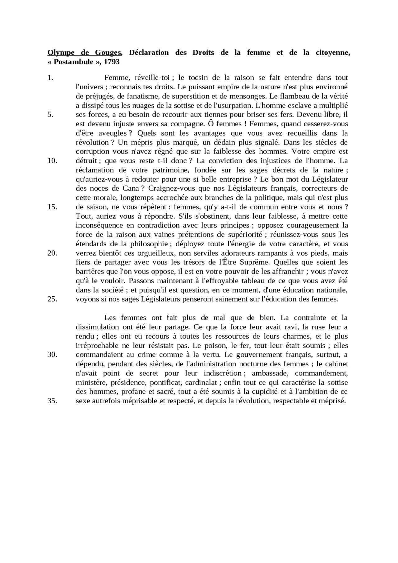 Olympe de Gouges, Postambule | Lectures Français | Docsity