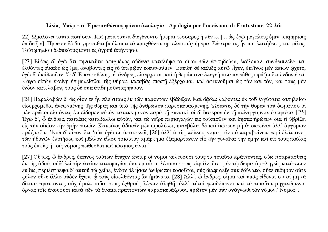 Apologia per l'uccisione di Eratostene, 22-26 - Docsity