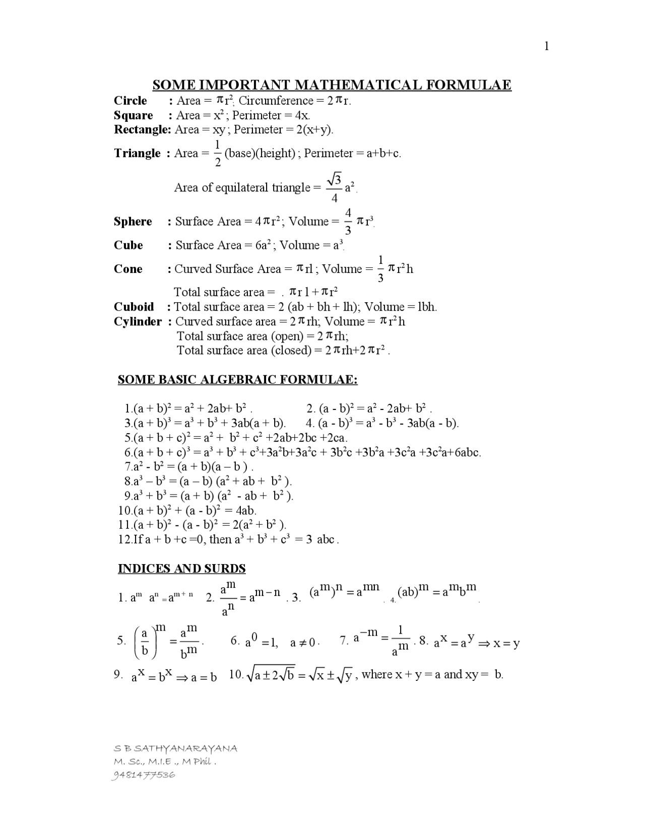 Basic algebra mathematics formula sheet - Docsity