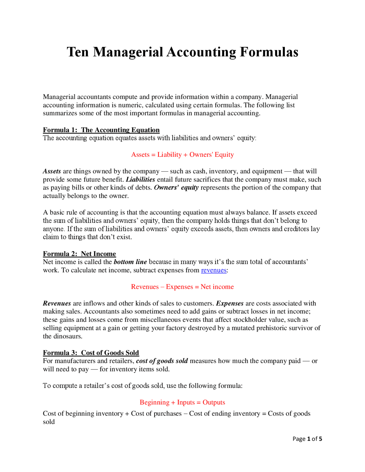 Managerial accounting formula sheet | Cheat Sheet Accounting | Docsity