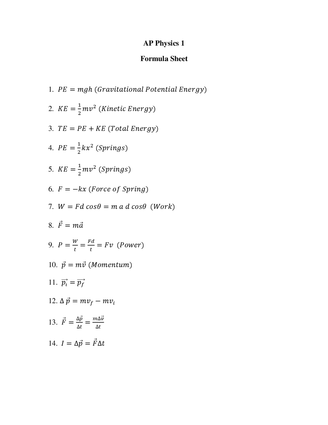 AP Physic one Formula sheet Docsity