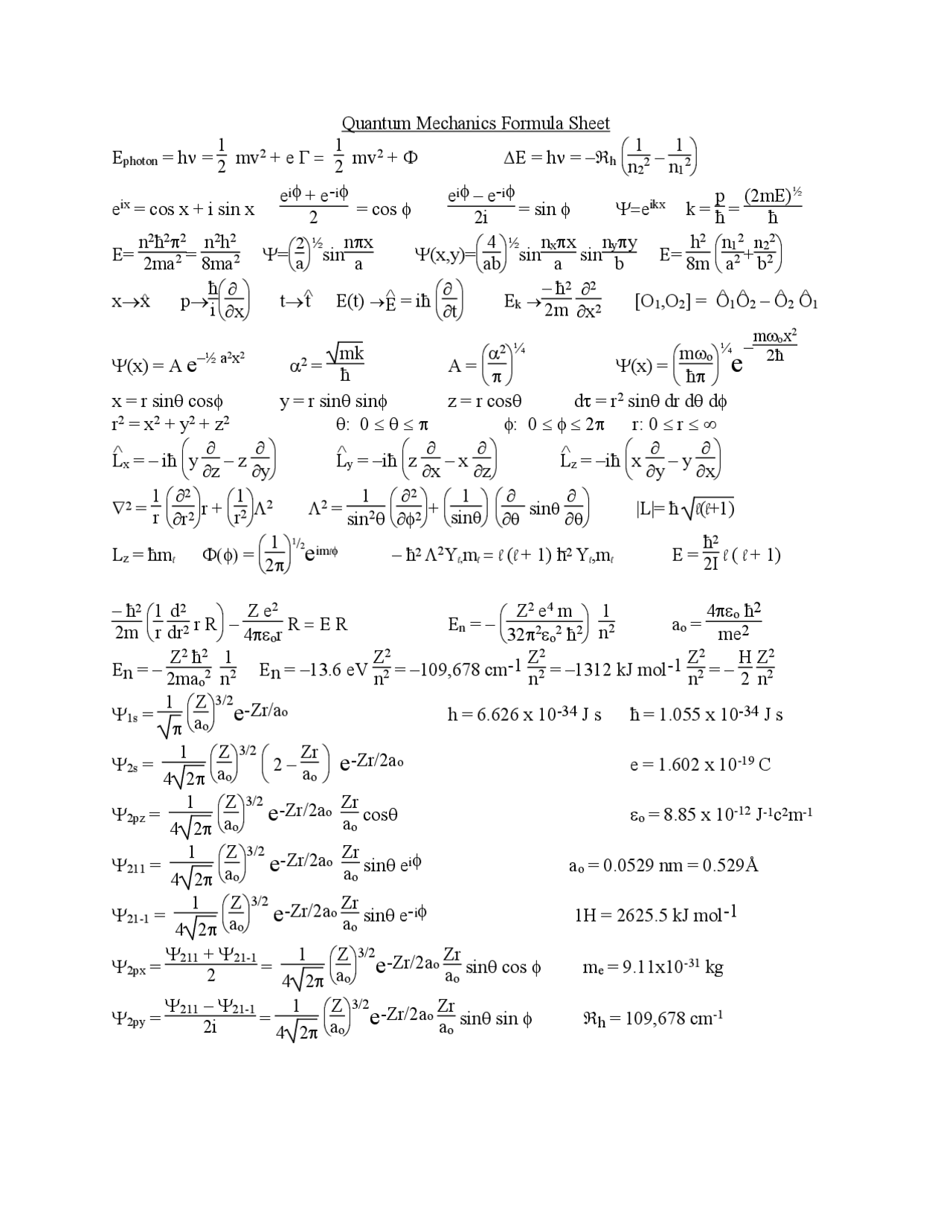 Quantum mechanics formula sheet Cheat Sheet Quantum Mechanics Docsity