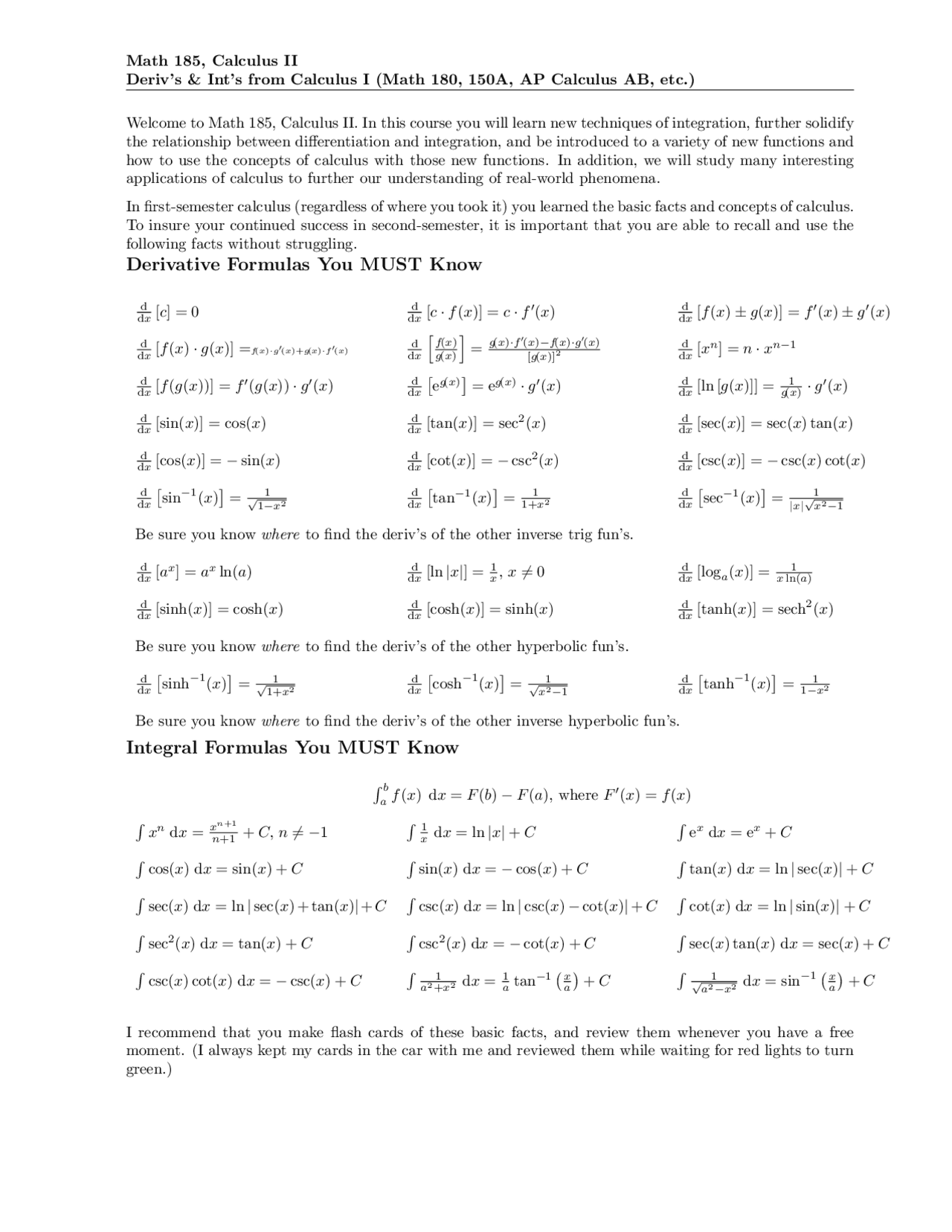 Math calculus: derivative and integrals formula sheet - Docsity