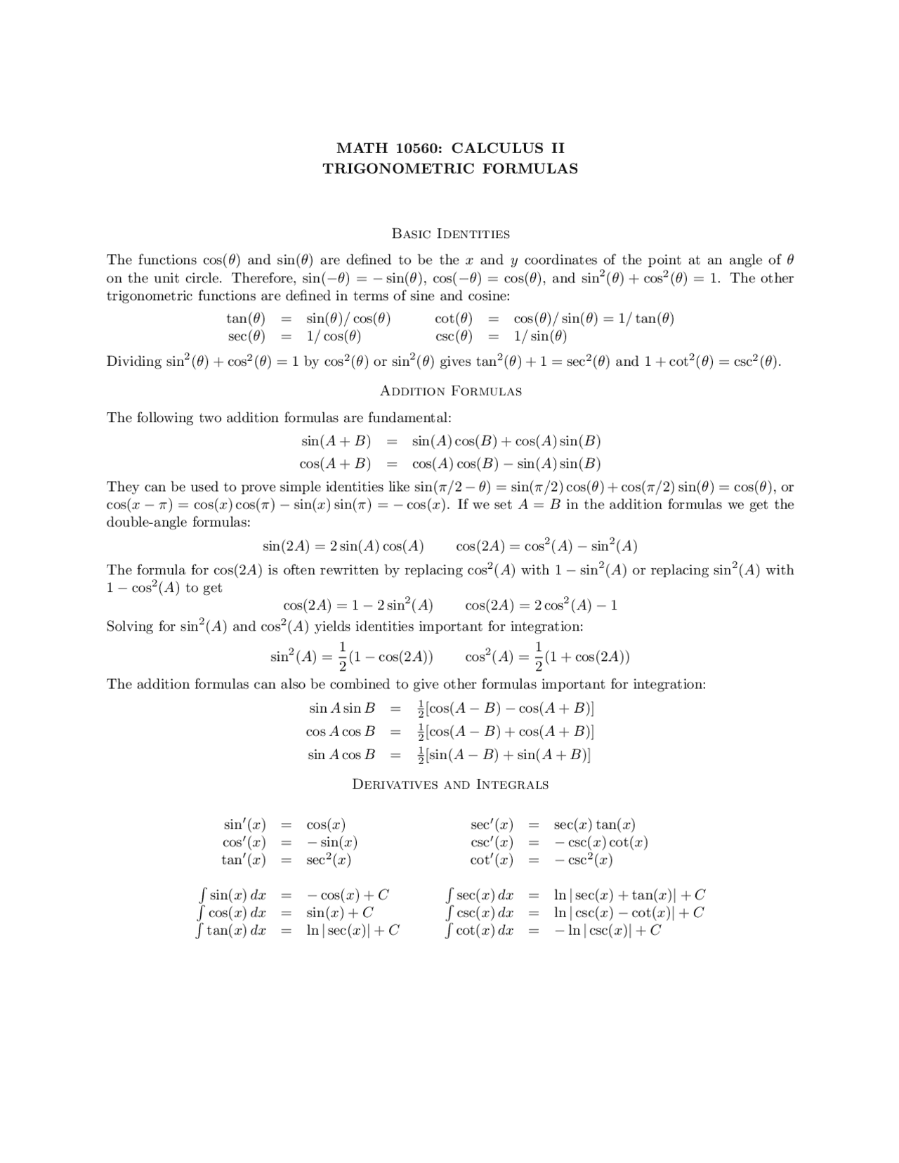 Trigonometric Identities Formula Sheet Cheat Sheet Calculus Docsity