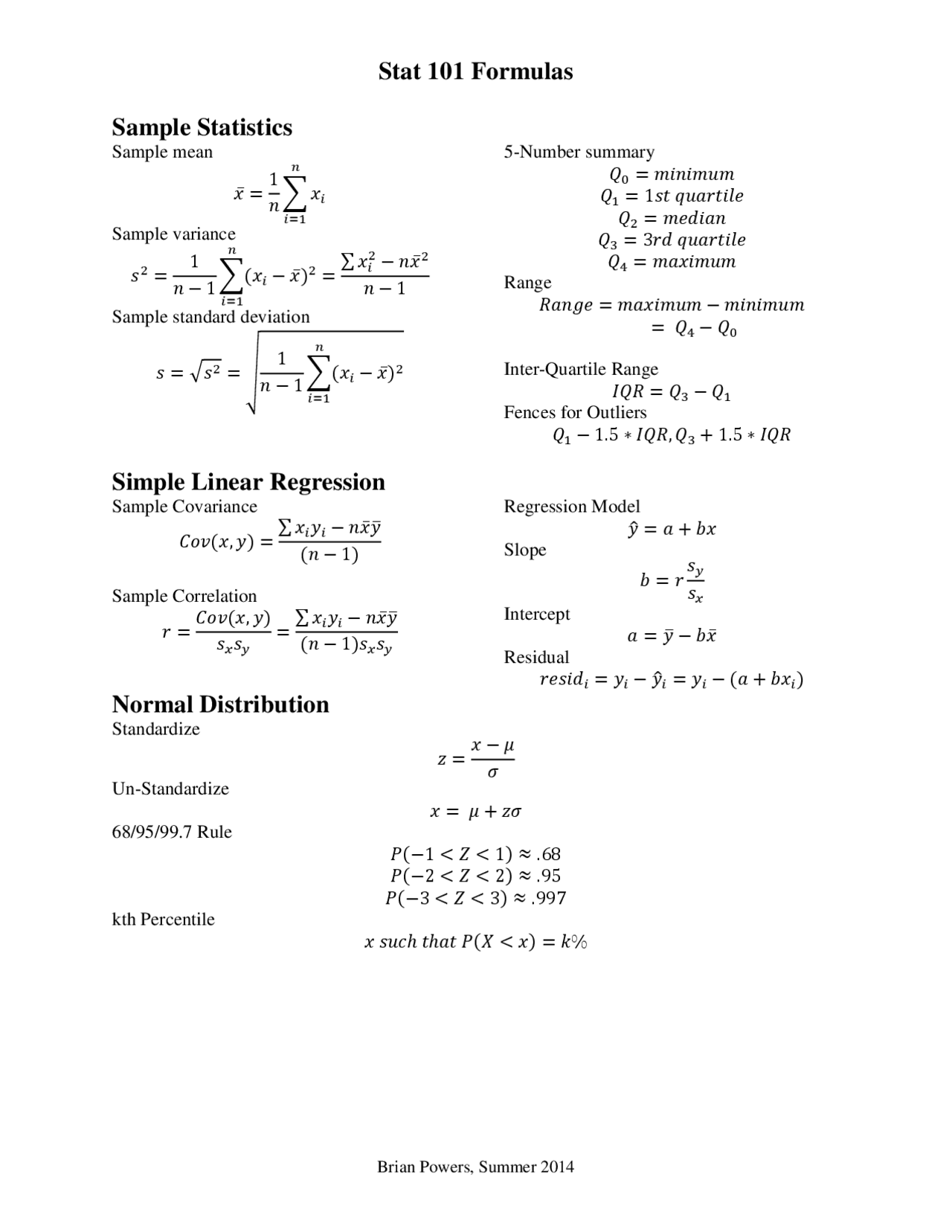 Statistics mathematics formulas | Cheat Sheet Statistics - Docsity