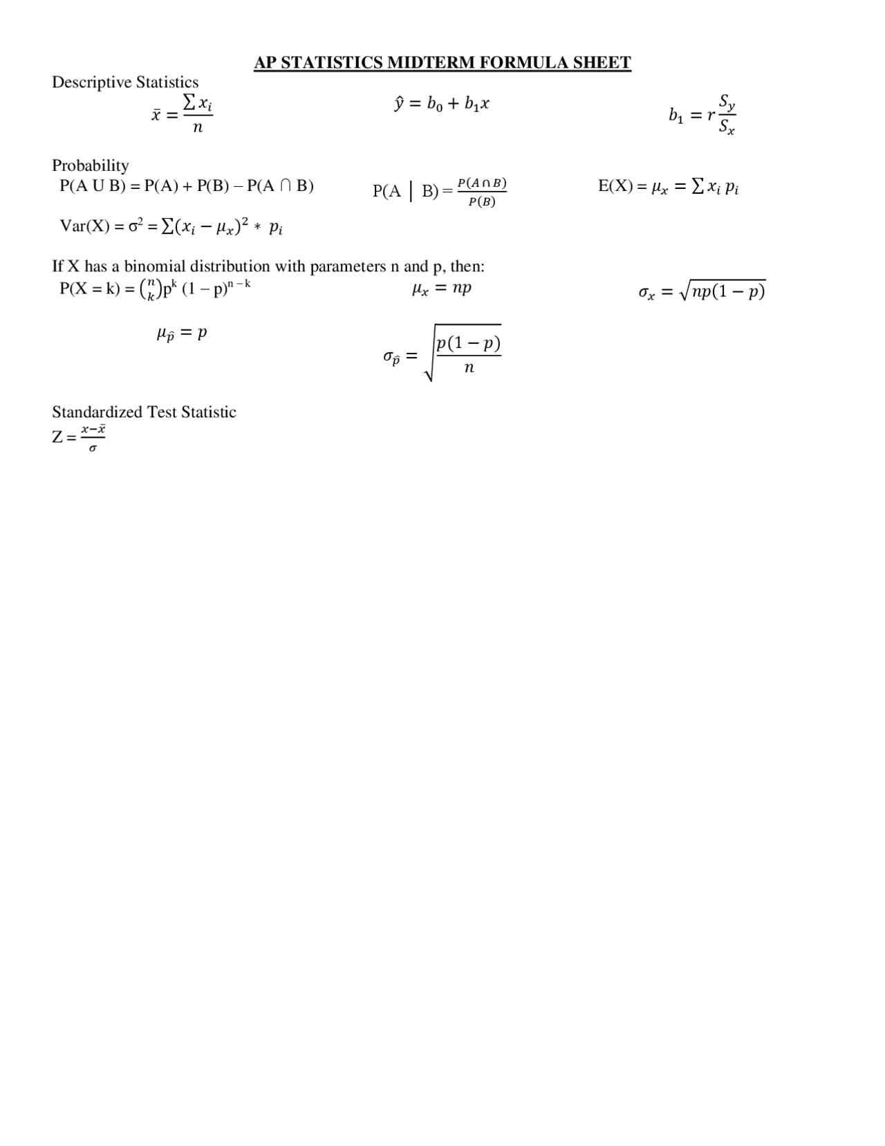 Ap Formulas Excel AP statistic midterm formula sheet - Docsity