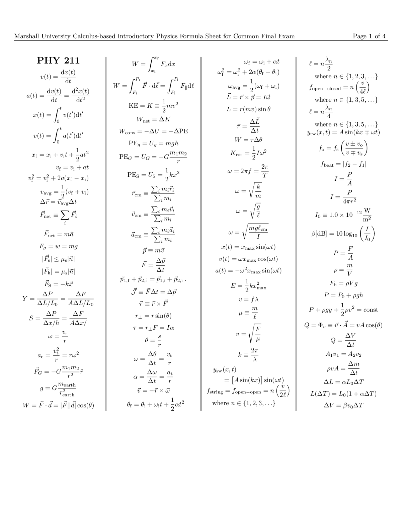 Physics 211 formula sheet Docsity