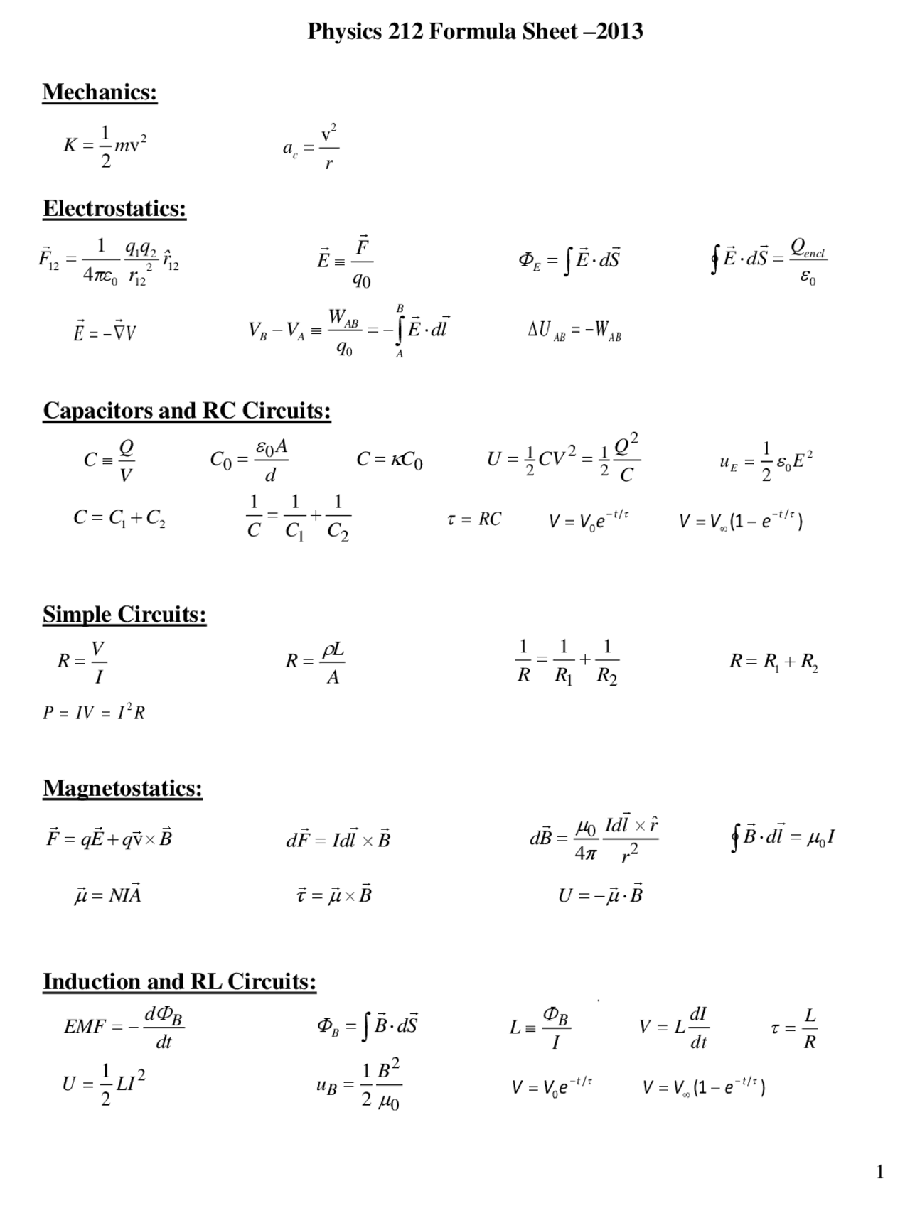 Phys 212 formula sheet Cheat Sheet Physics Docsity
