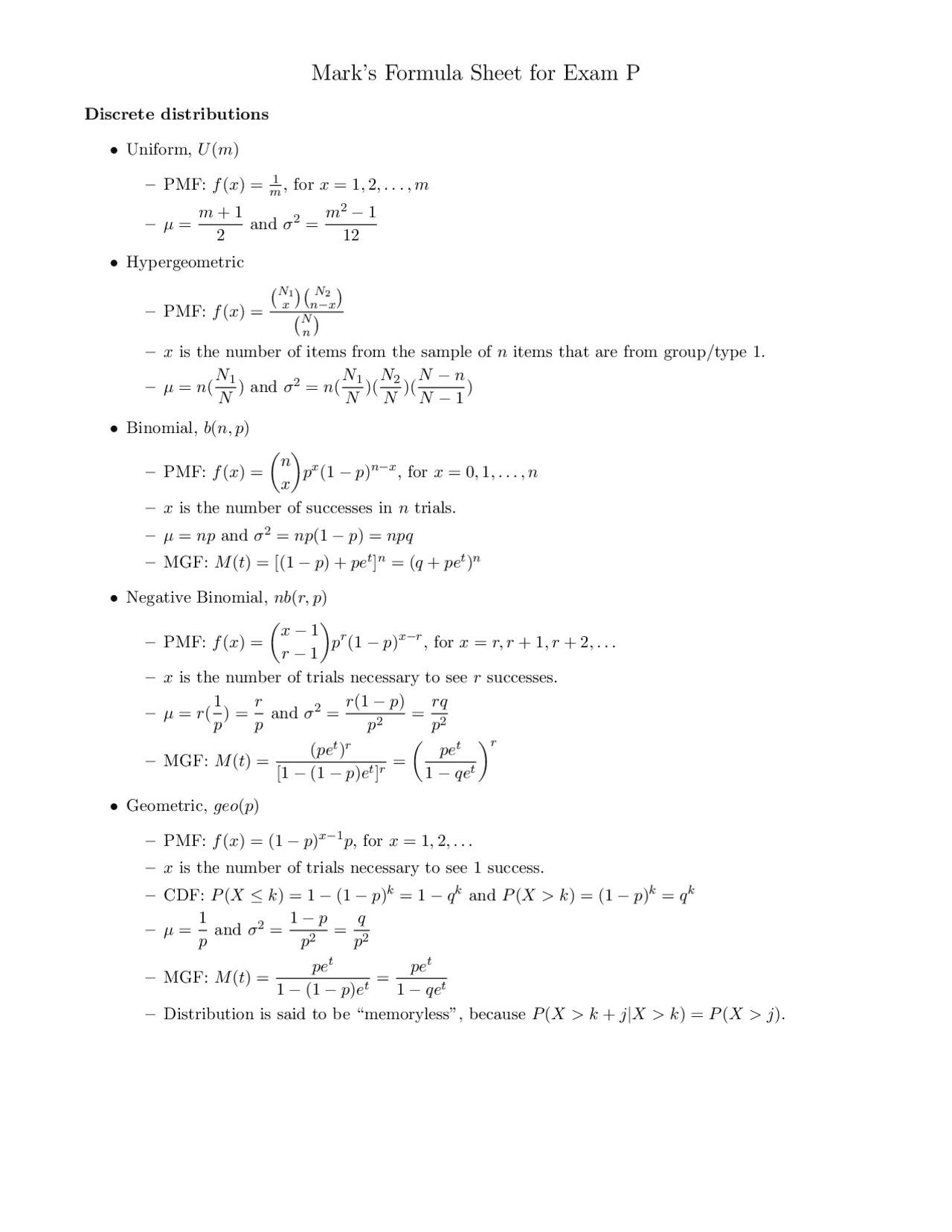 Actuary Exam P formula Sheet Cheat Sheet Mathematics Docsity