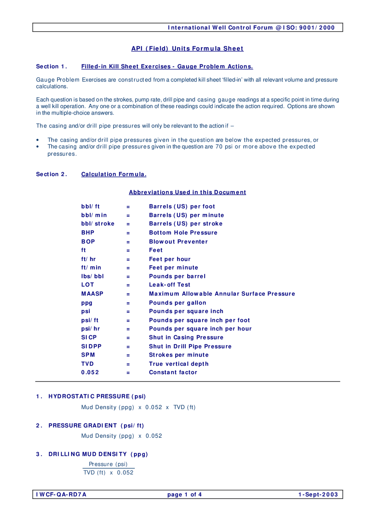 Well control formula sheet - Docsity