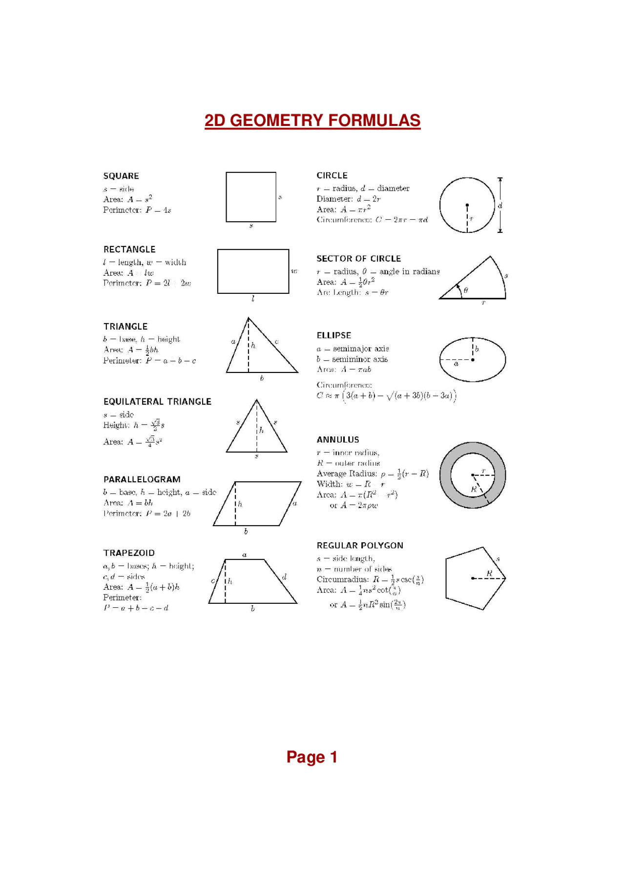 Geometry formula sheet - Docsity